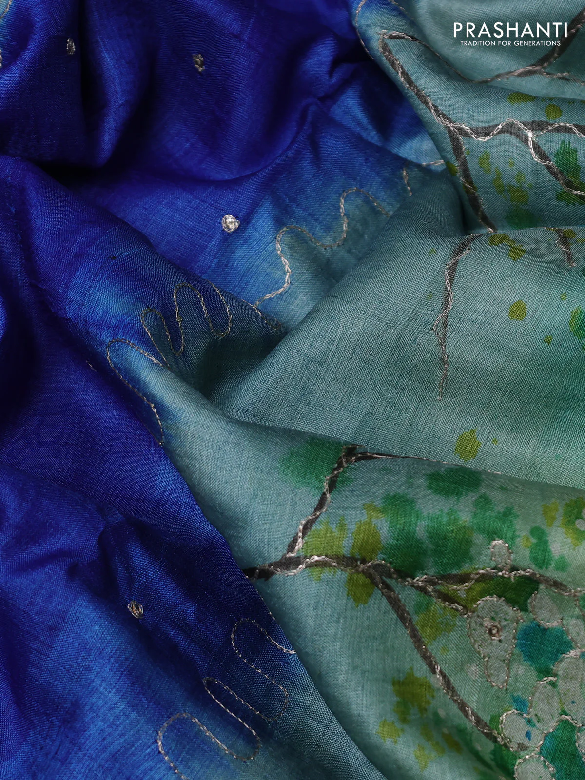 Pure tussar silk saree blue and light green with tie & dye prints and pita work pallu - Image 3