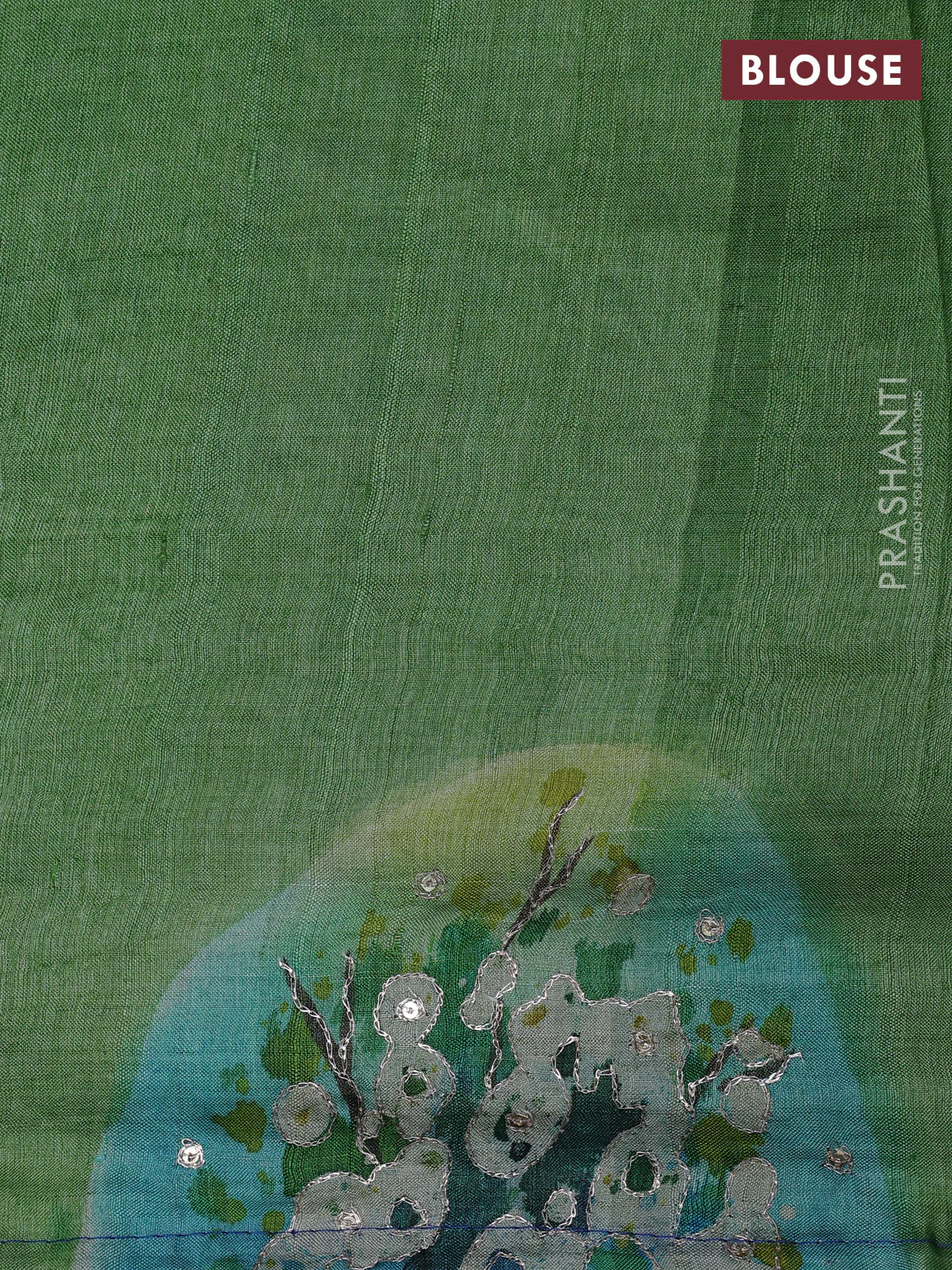 Pure tussar silk saree blue and light green with tie & dye prints and pita work pallu - Image 4