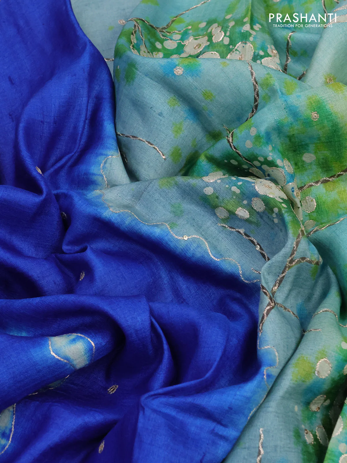 Pure tussar silk saree blue and light green with tie & dye prints and pita work pallu - Image 3