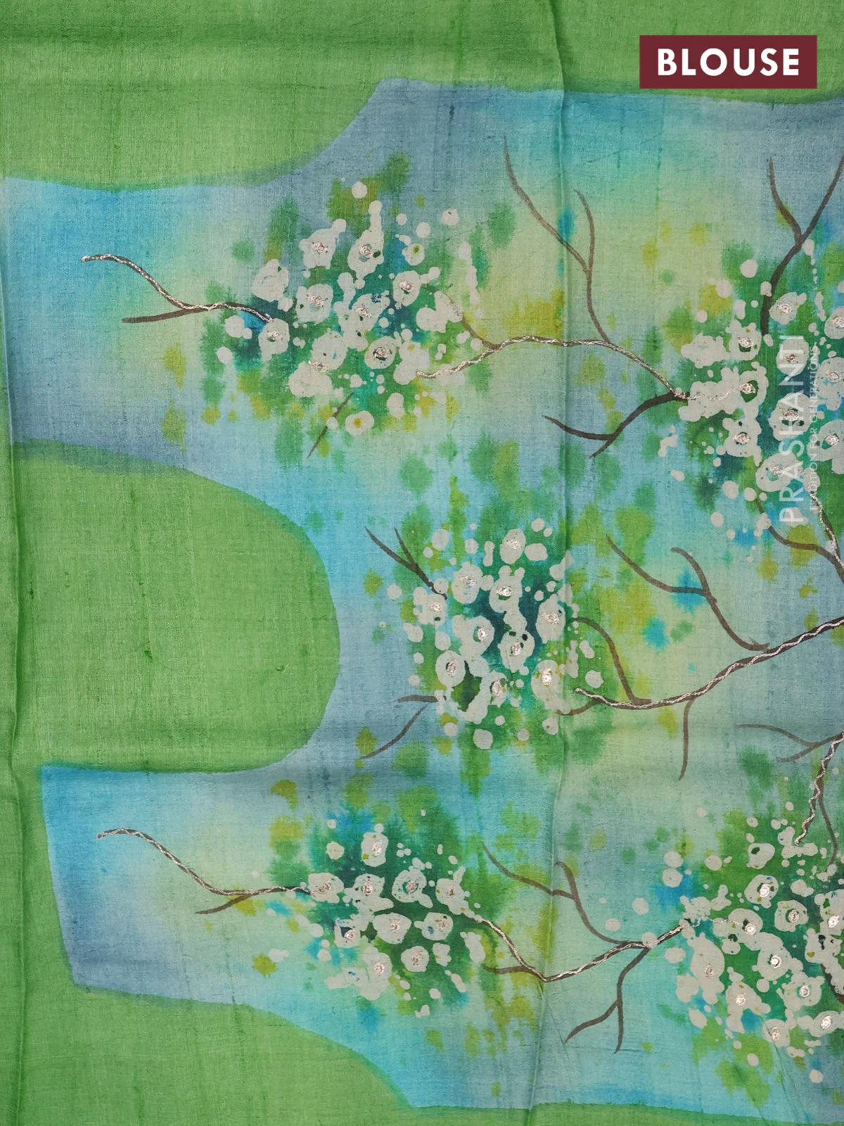 Pure tussar silk saree blue and light green with tie & dye prints and pita work pallu - Image 4