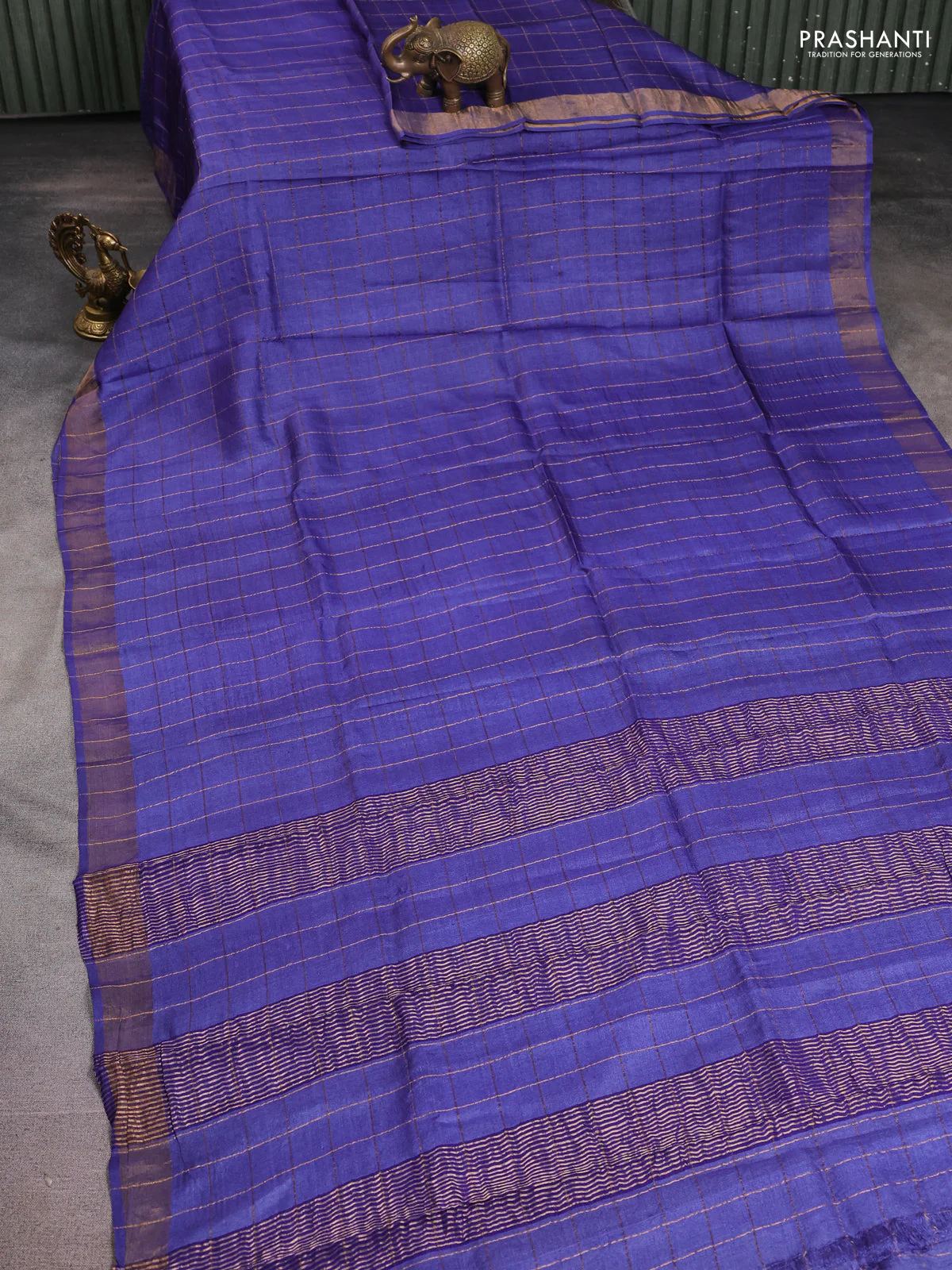 Pure tussar silk saree blue and maroon with allover zari checked pattern and zari woven border - Image 2