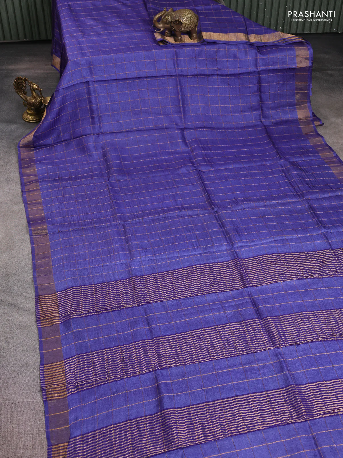 Pure tussar silk saree blue and maroon with allover zari checked pattern and zari woven border - Image 2