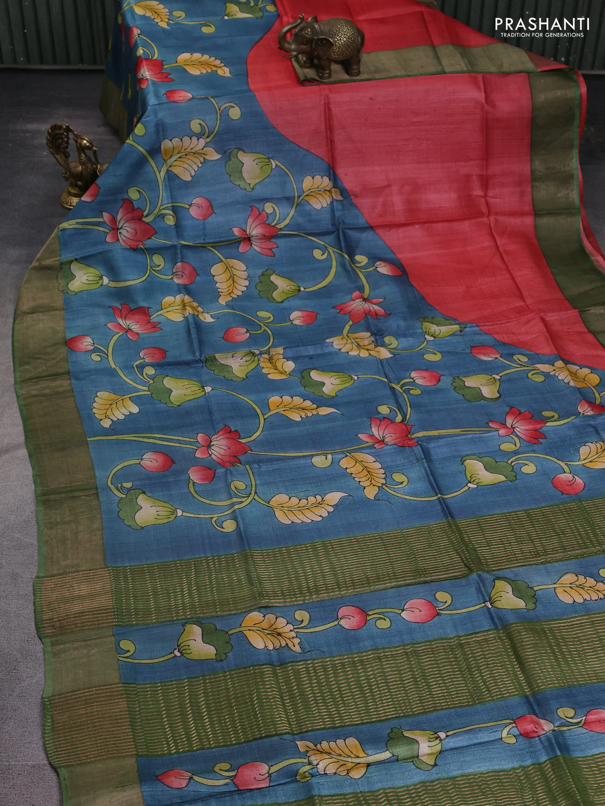 Pure tussar silk saree blue and pastel green with allover kalamkari hand painted prints and zari woven border - Image 2