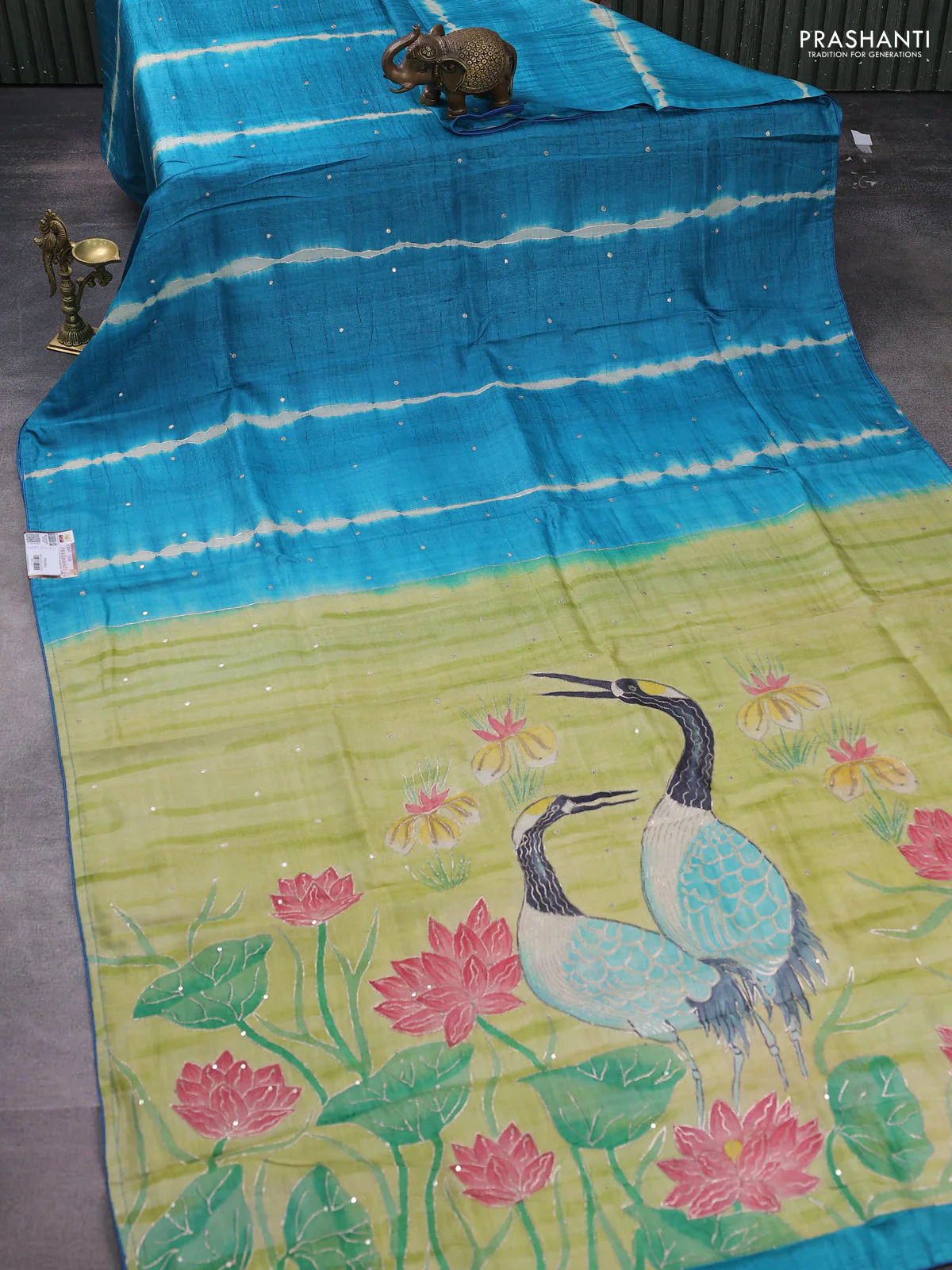 Pure tussar silk saree blue and pista green with tie & dye prints and pita work pallu - Image 2