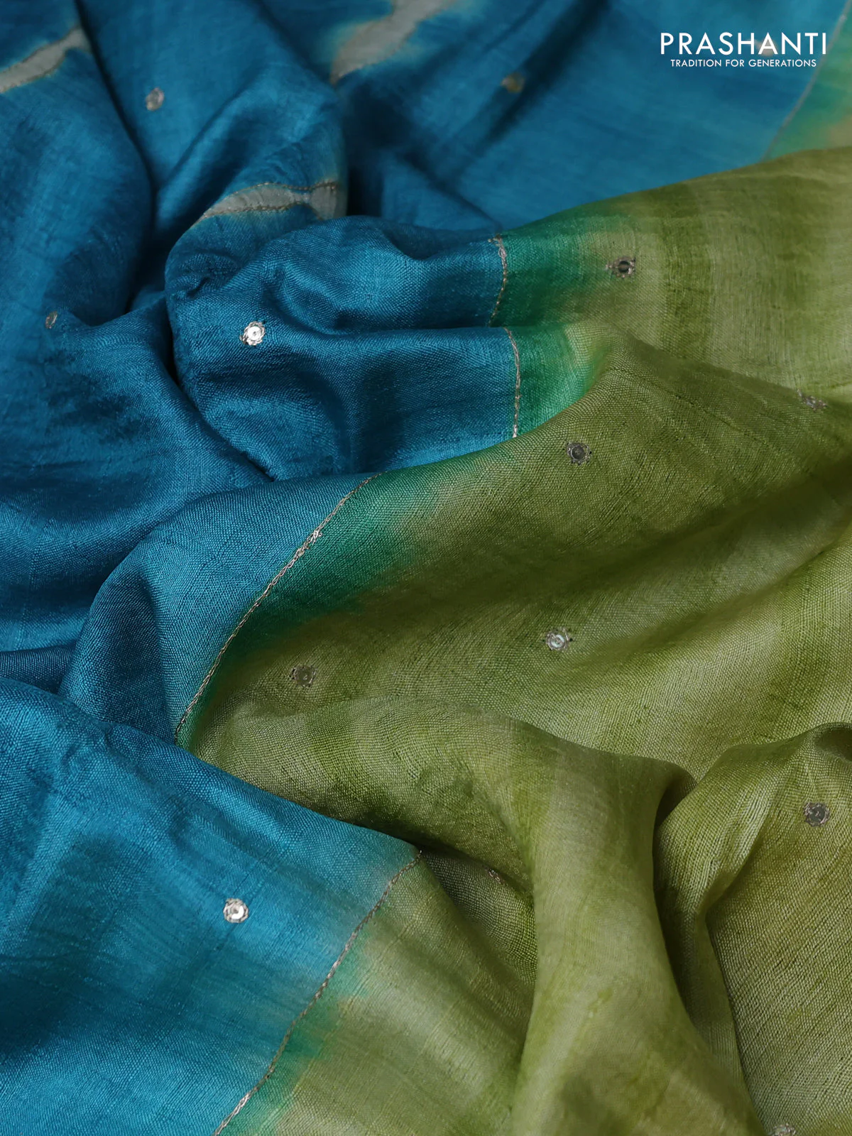 Pure tussar silk saree blue and pista green with tie & dye prints and pita work pallu - Image 3