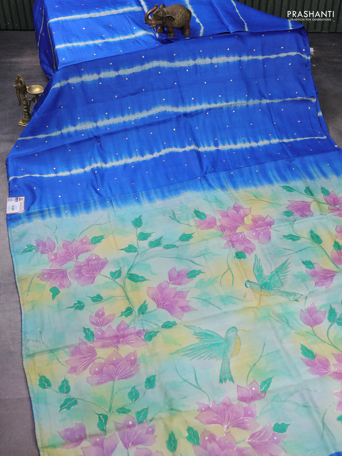 Pure tussar silk saree blue and yellow shade with tie & dye prints and pita work pallu - Image 2