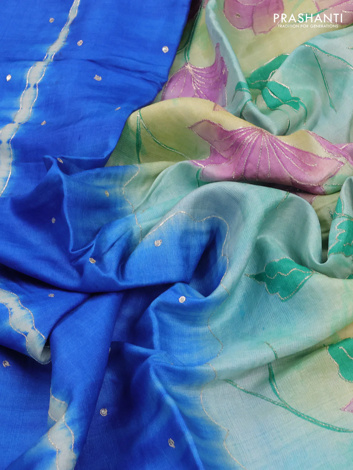 Pure tussar silk saree blue and yellow shade with tie & dye prints and pita work pallu - Image 3