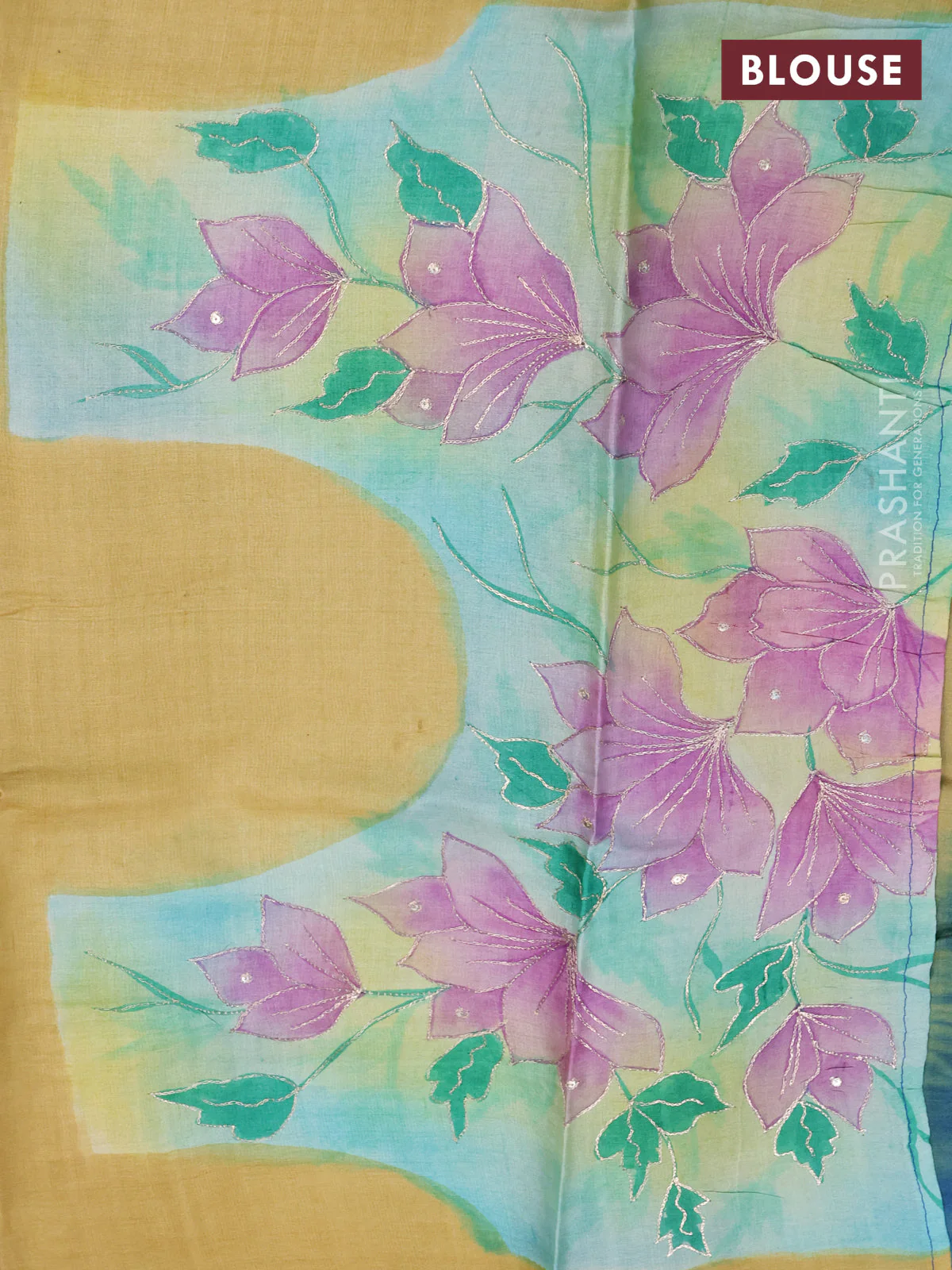 Pure tussar silk saree blue and yellow shade with tie & dye prints and pita work pallu - Image 4