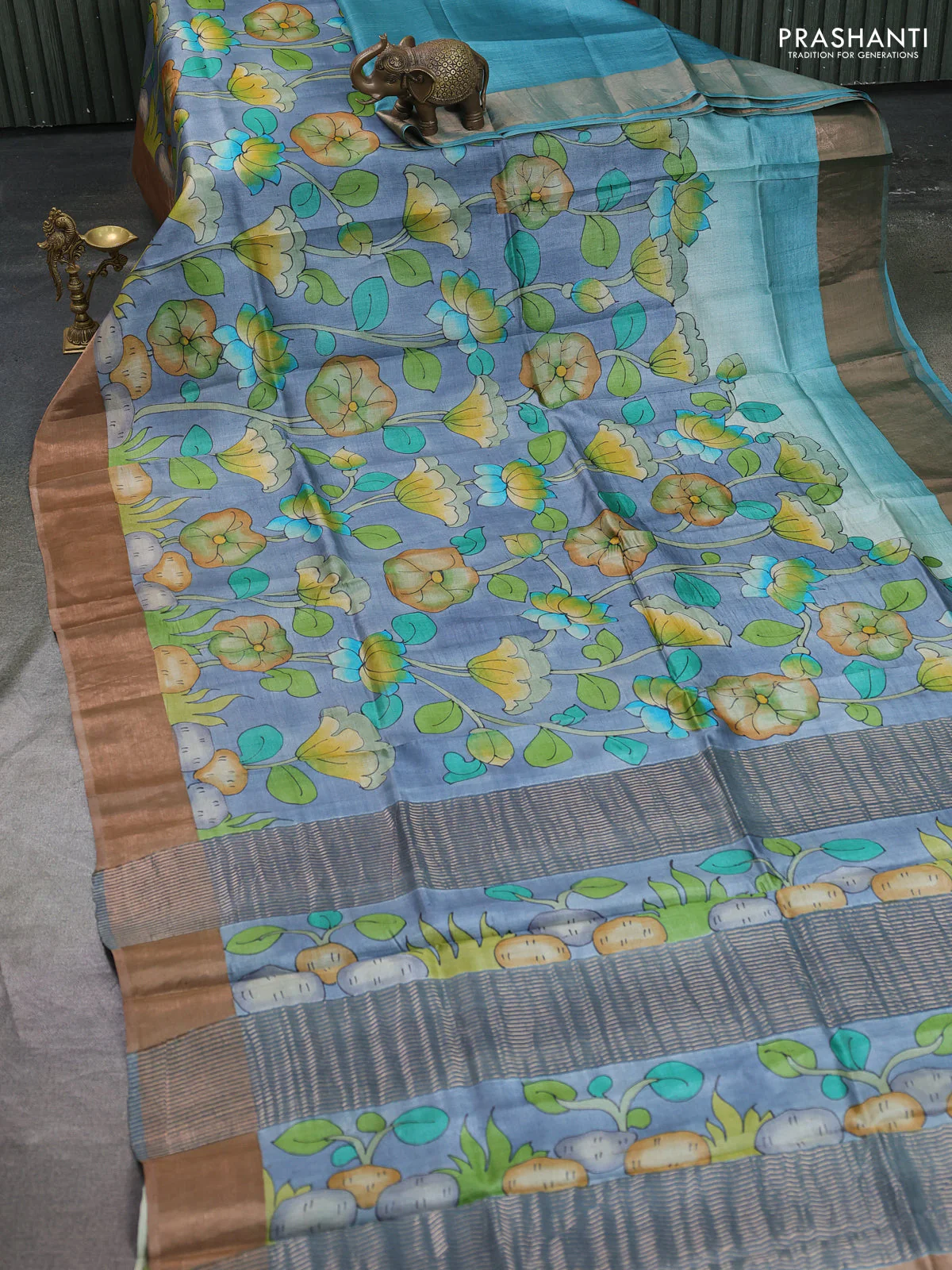 Pure tussar silk saree bluish grey and brown with allover hand painted prints and zari woven border - Image 2