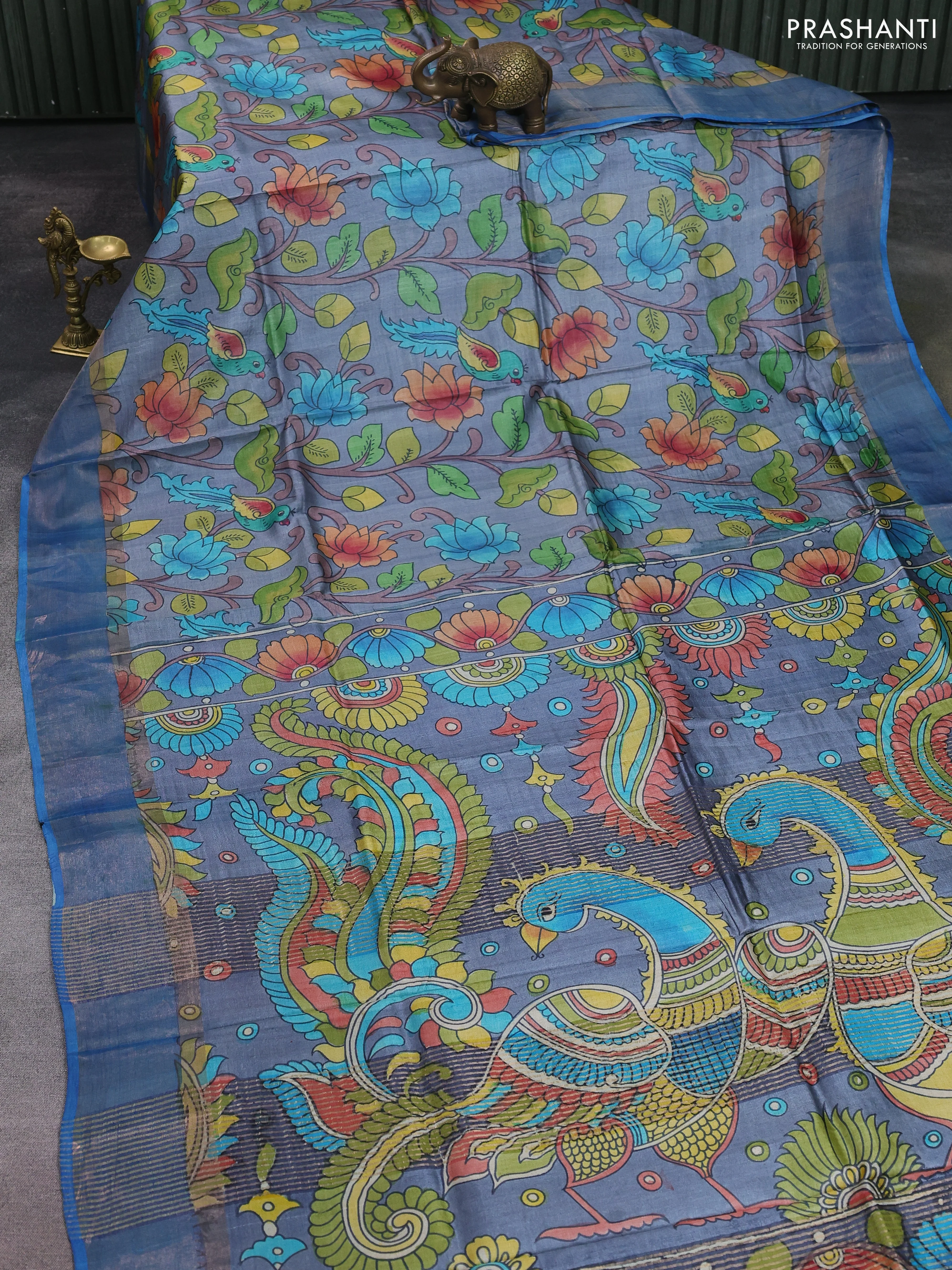 Pure tussar silk saree bluish grey and cs blue with allover kalamkari hand painted prints and zari woven border - Image 2