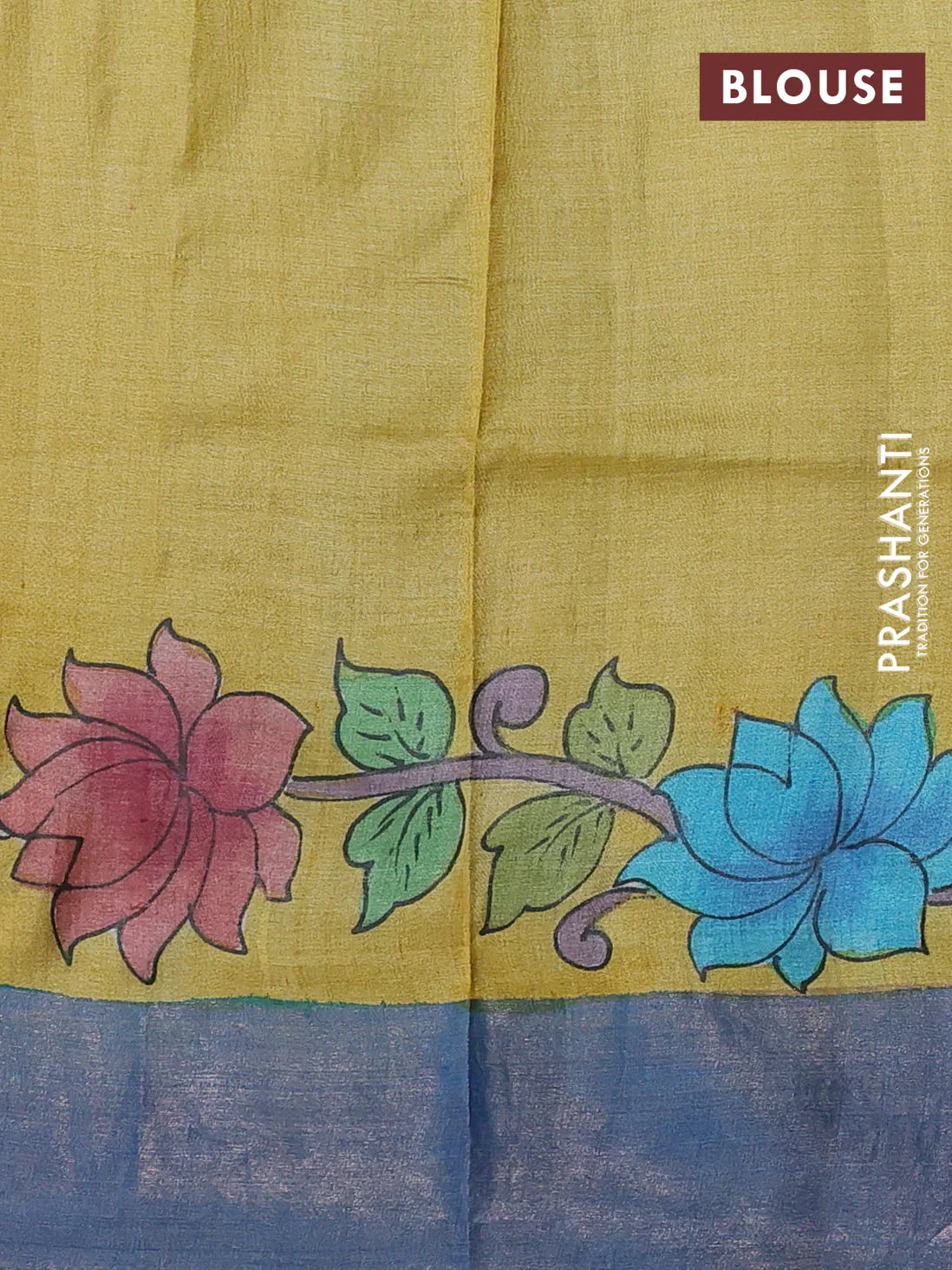 Pure tussar silk saree bluish grey and cs blue with allover kalamkari hand painted prints and zari woven border - Image 3