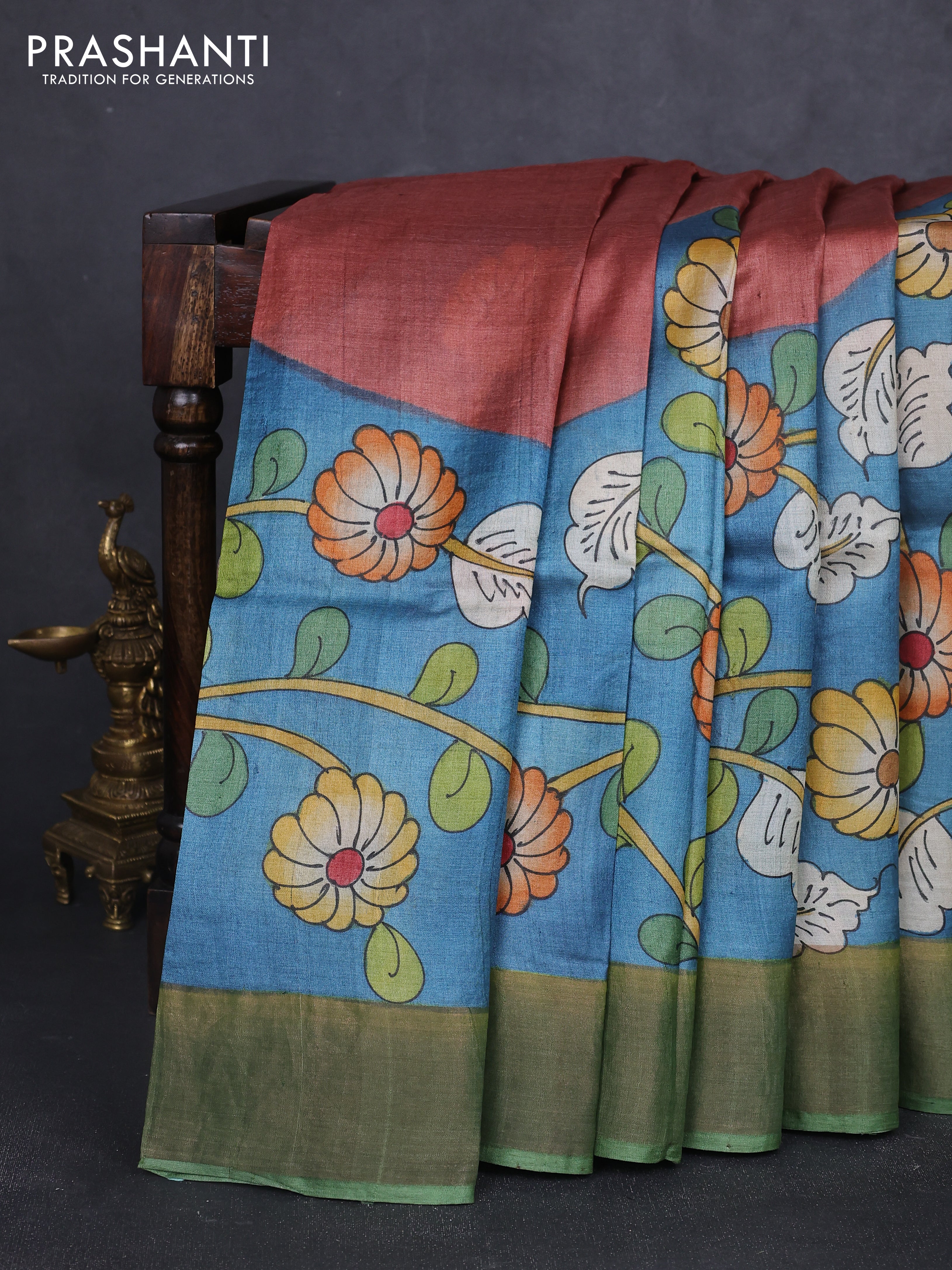 Pure tussar silk saree bluish grey and pastel green with allover kalamkari hand painted prints and zari woven border
