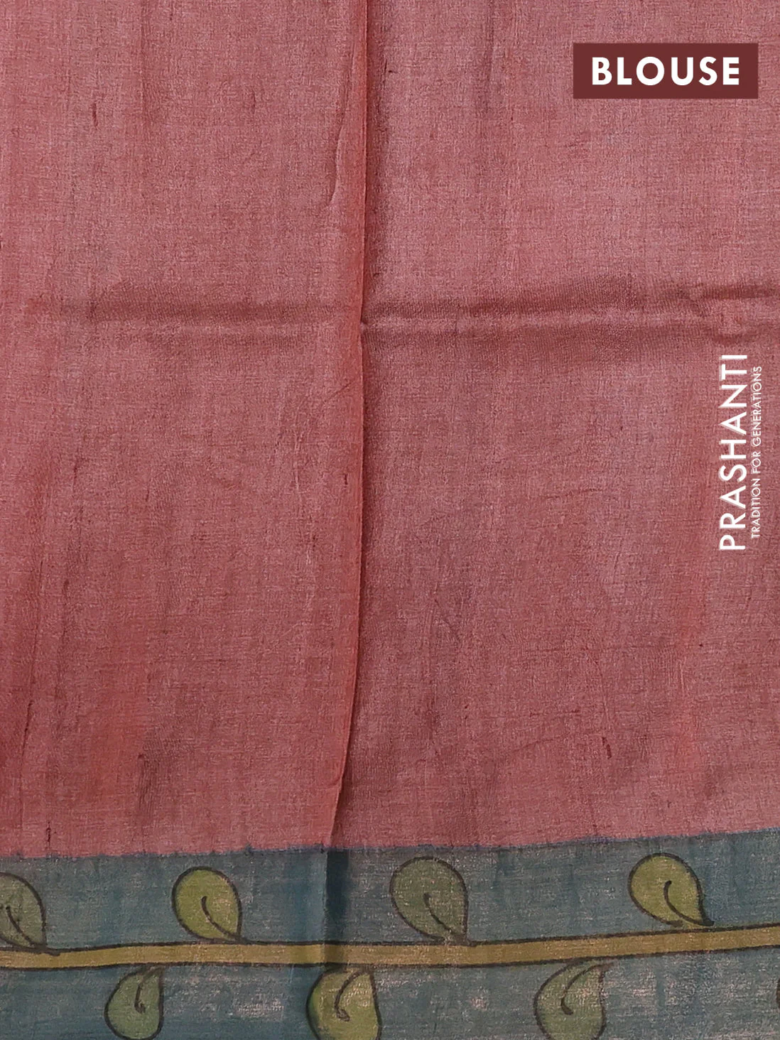 Pure tussar silk saree bluish grey and pastel green with allover kalamkari hand painted prints and zari woven border - Image 3