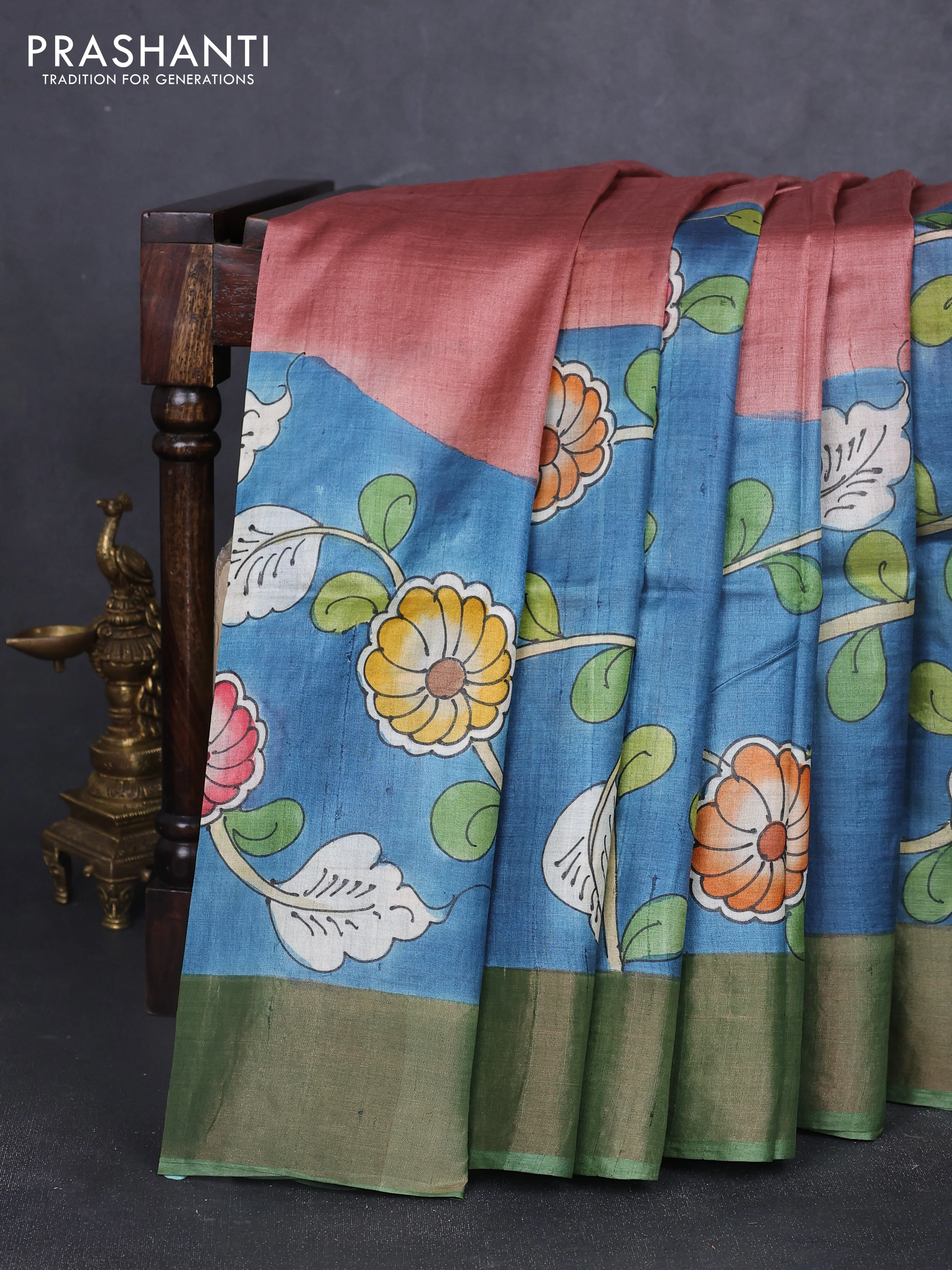 Pure tussar silk saree bluish grey and pastel green with allover kalamkari hand painted prints and zari woven border