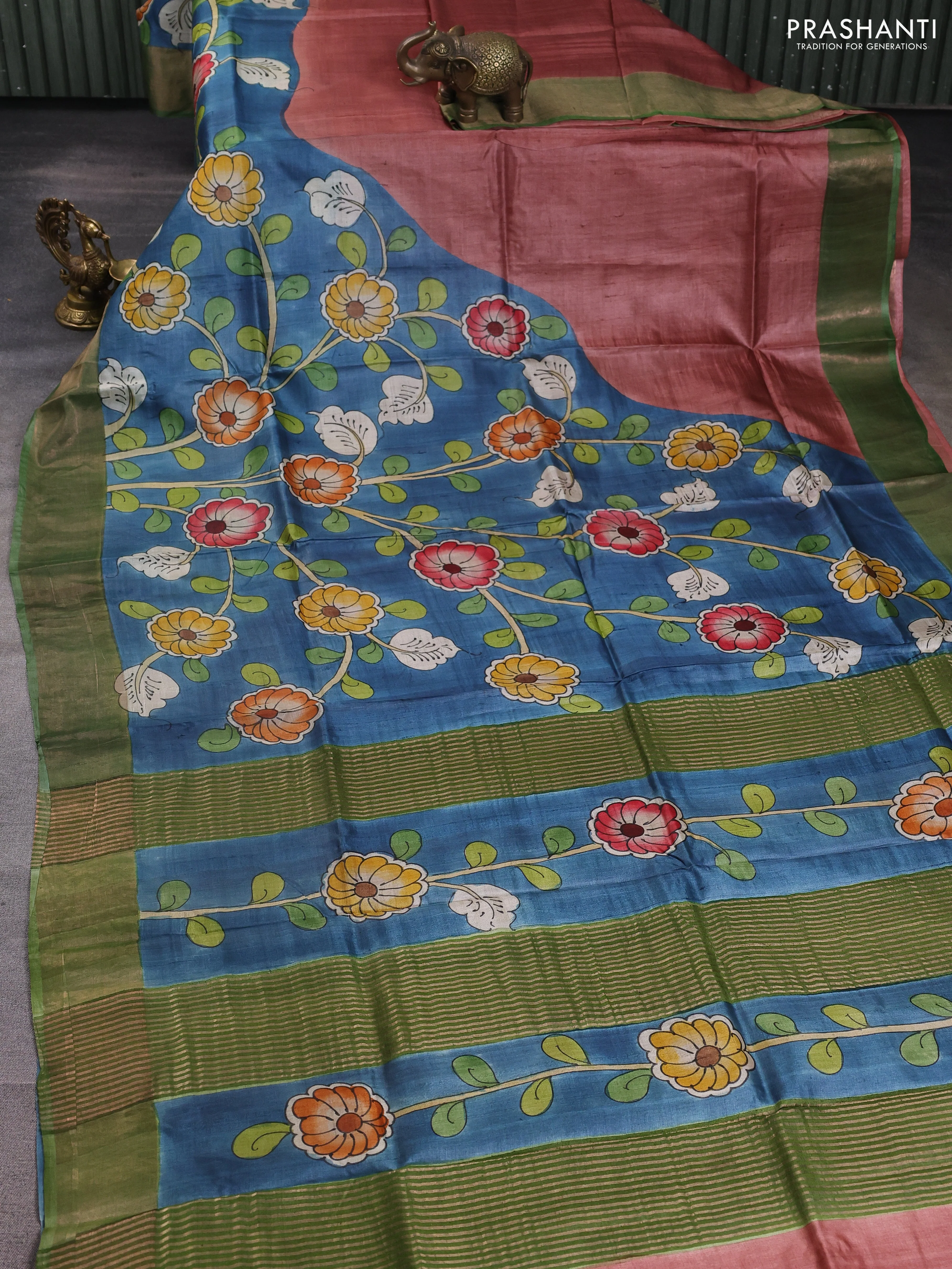 Pure tussar silk saree bluish grey and pastel green with allover kalamkari hand painted prints and zari woven border - Image 2