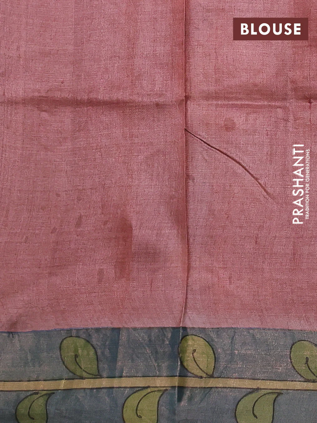 Pure tussar silk saree bluish grey and pastel green with allover kalamkari hand painted prints and zari woven border - Image 3