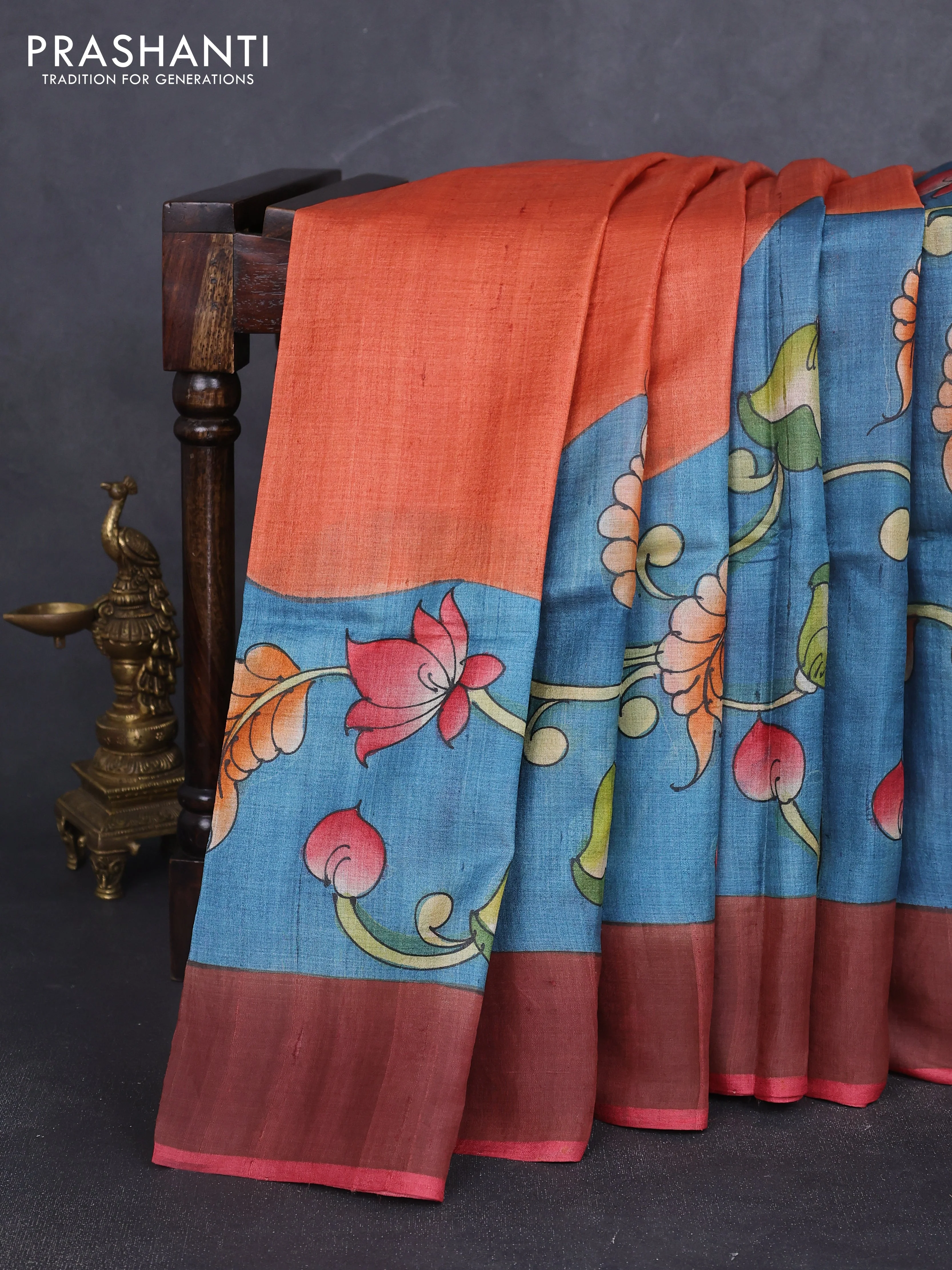 Pure tussar silk saree bluish grey and pink with allover kalamkari hand painted prints and zari woven border