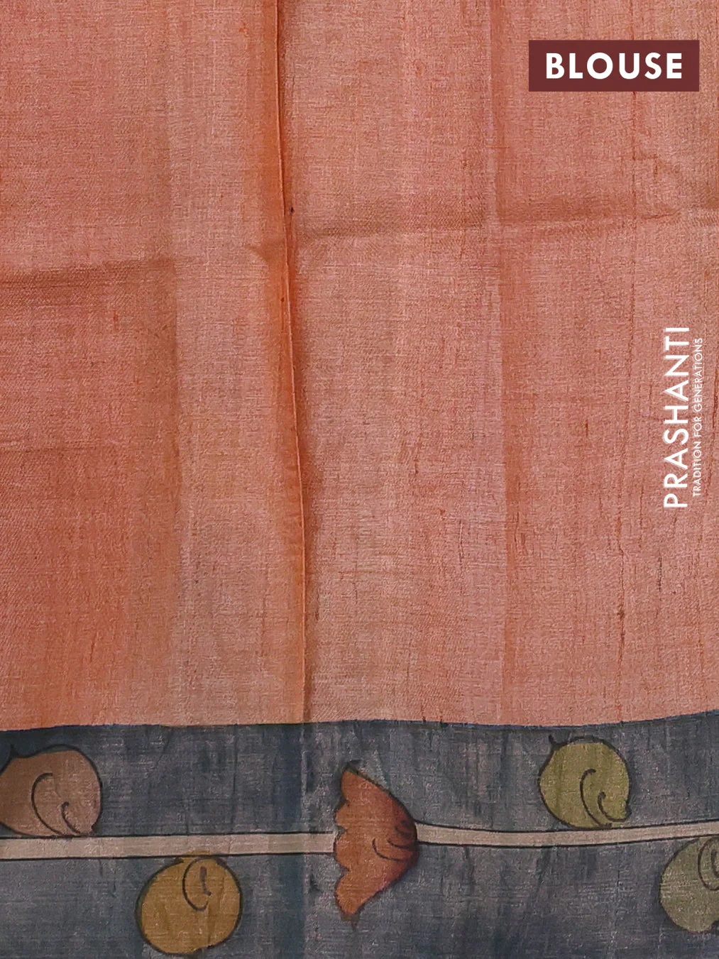 Pure tussar silk saree bluish grey and red with allover kalamkari hand painted prints and zari woven border - Image 3