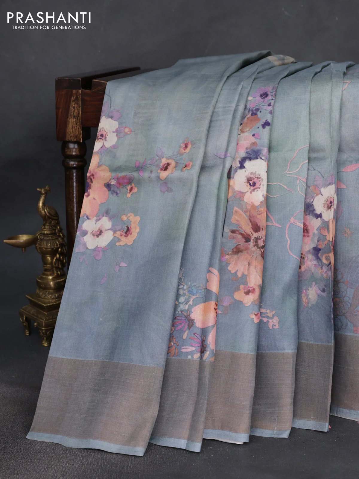 Pure tussar silk saree bluish grey with floral digital prints and zari woven border - Image 2