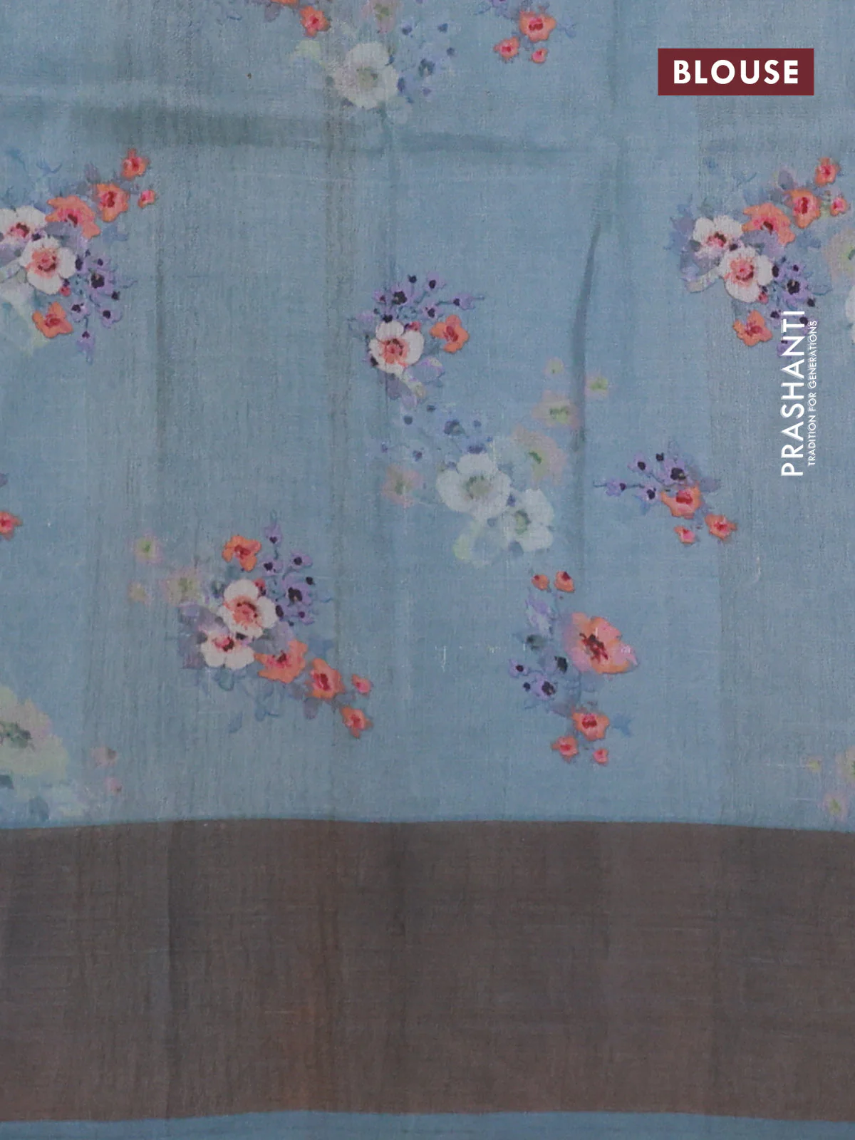 Pure tussar silk saree bluish grey with floral digital prints and zari woven border - Image 3