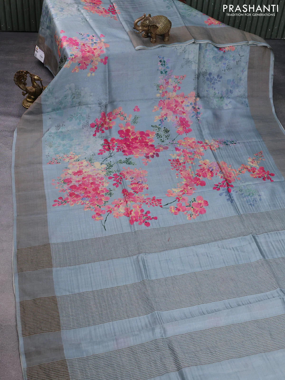 Pure tussar silk saree bluish grey with floral digital prints and zari woven border