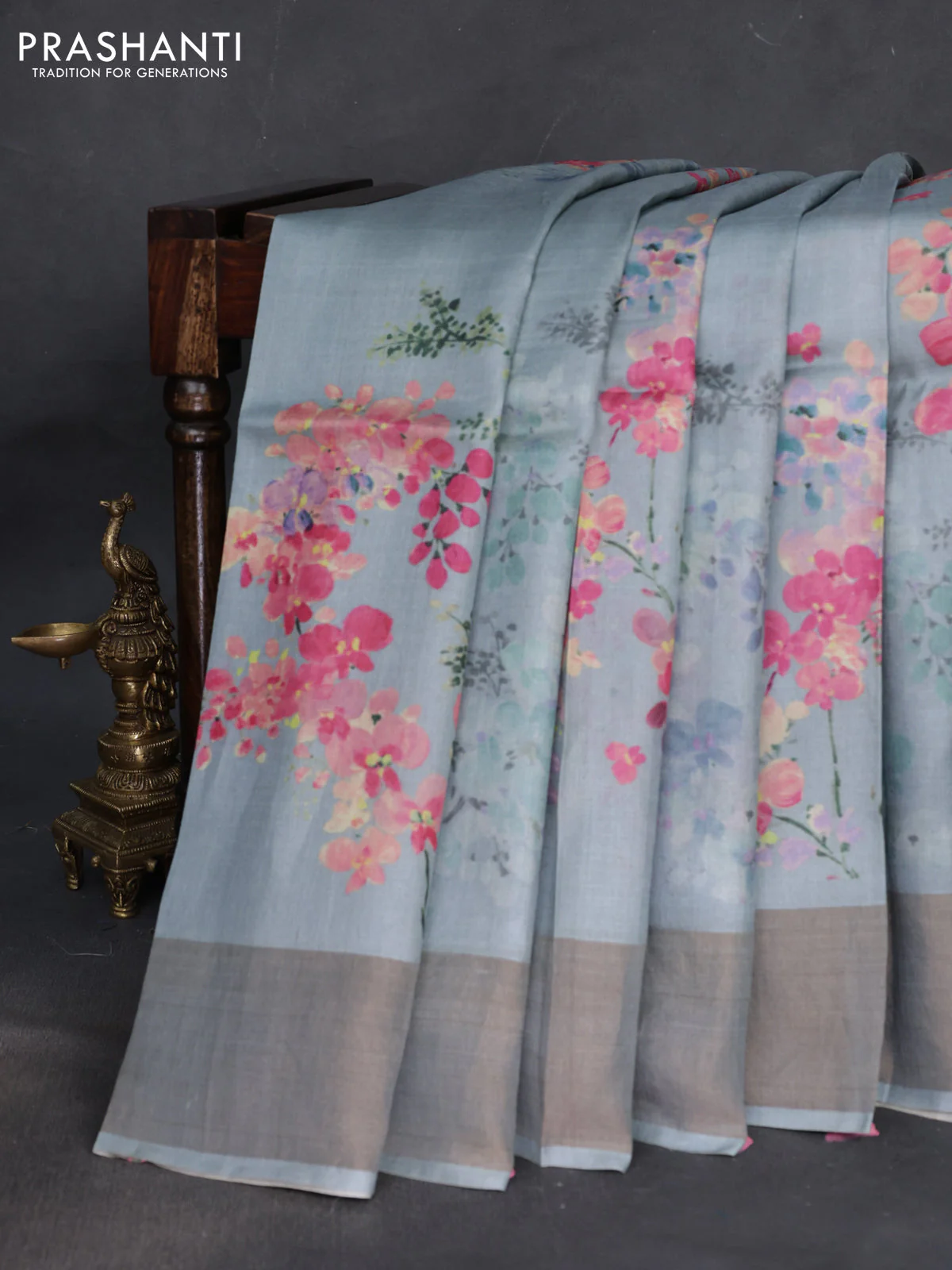 Pure tussar silk saree bluish grey with floral digital prints and zari woven border - Image 2