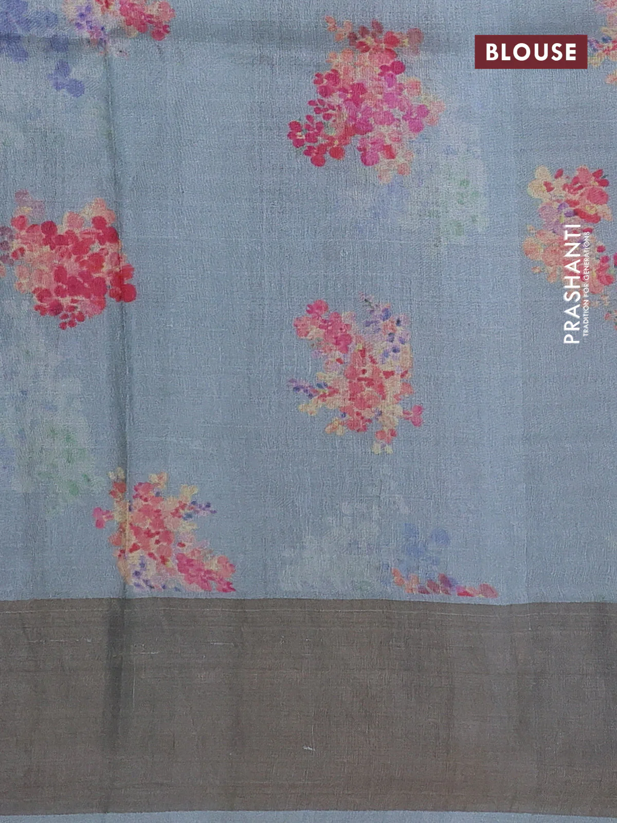Pure tussar silk saree bluish grey with floral digital prints and zari woven border - Image 3