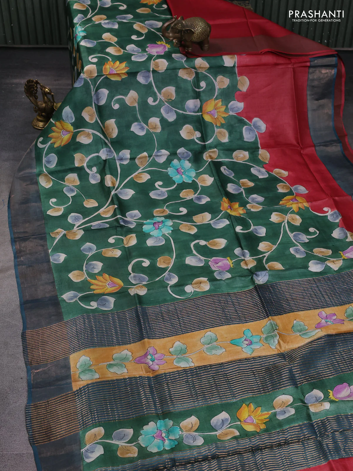 Pure tussar silk saree bottle green and bluish grey with allover hand painted prints and zari woven border - Image 2