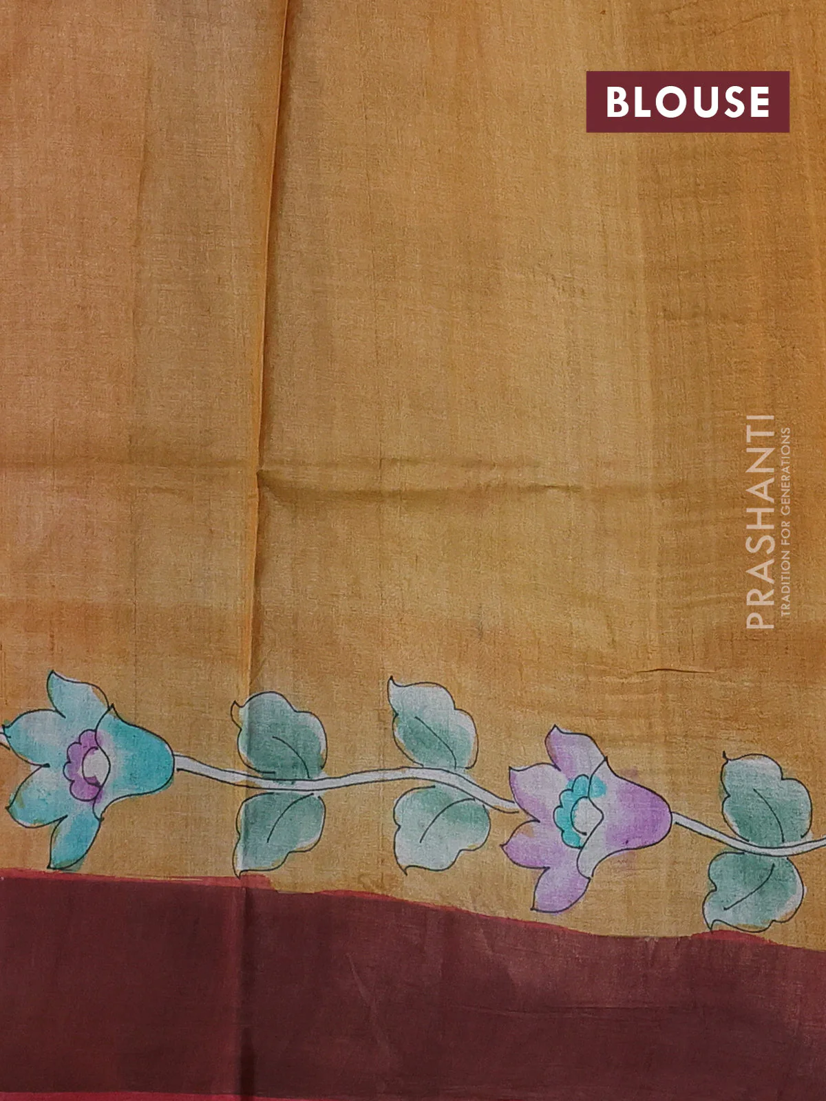 Pure tussar silk saree bottle green and bluish grey with allover hand painted prints and zari woven border - Image 3