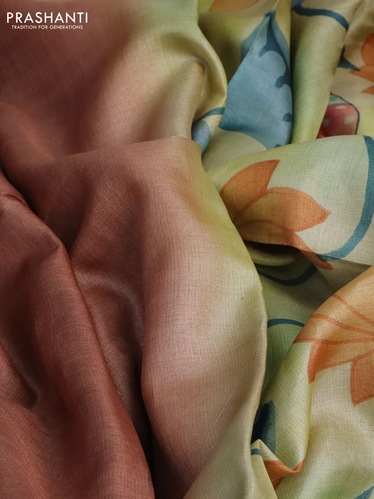 Pure tussar silk saree brown and green shade with plain body and pichwai hand painted pallu & border - Image 2