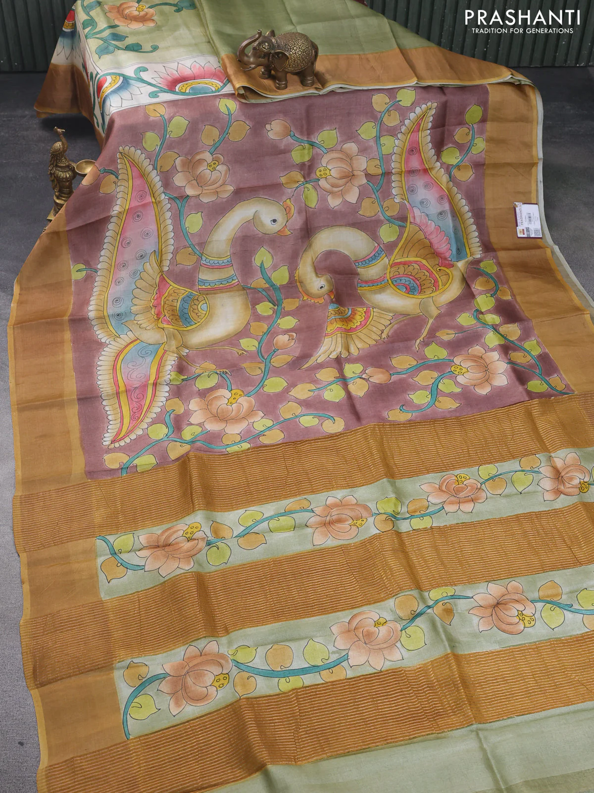 Pure tussar silk saree brown and mustard yellow green with allover kalamkari hand painted prints and zari woven border - Image 2