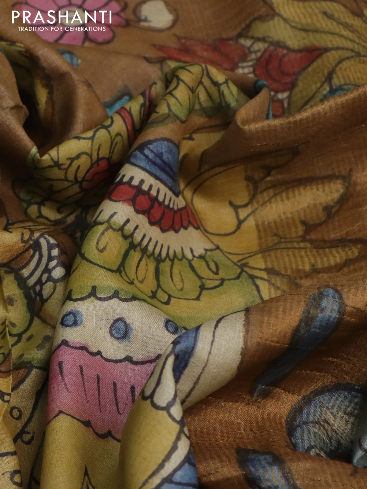 Pure tussar silk saree brown and peacock blue with allover pen kalamkari prints and zari woven border - Image 2