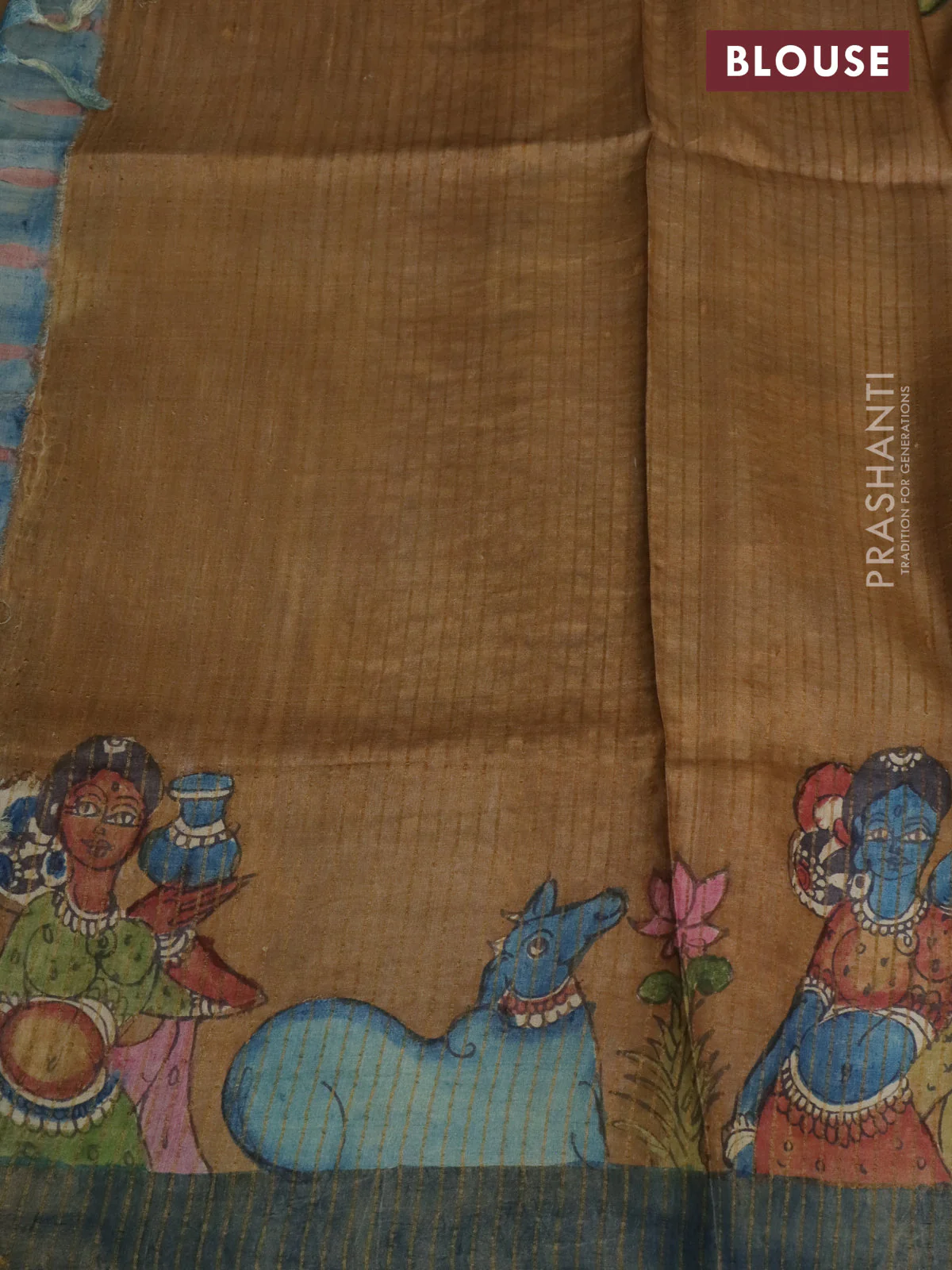 Pure tussar silk saree brown and peacock blue with allover pen kalamkari prints and zari woven border - Image 3
