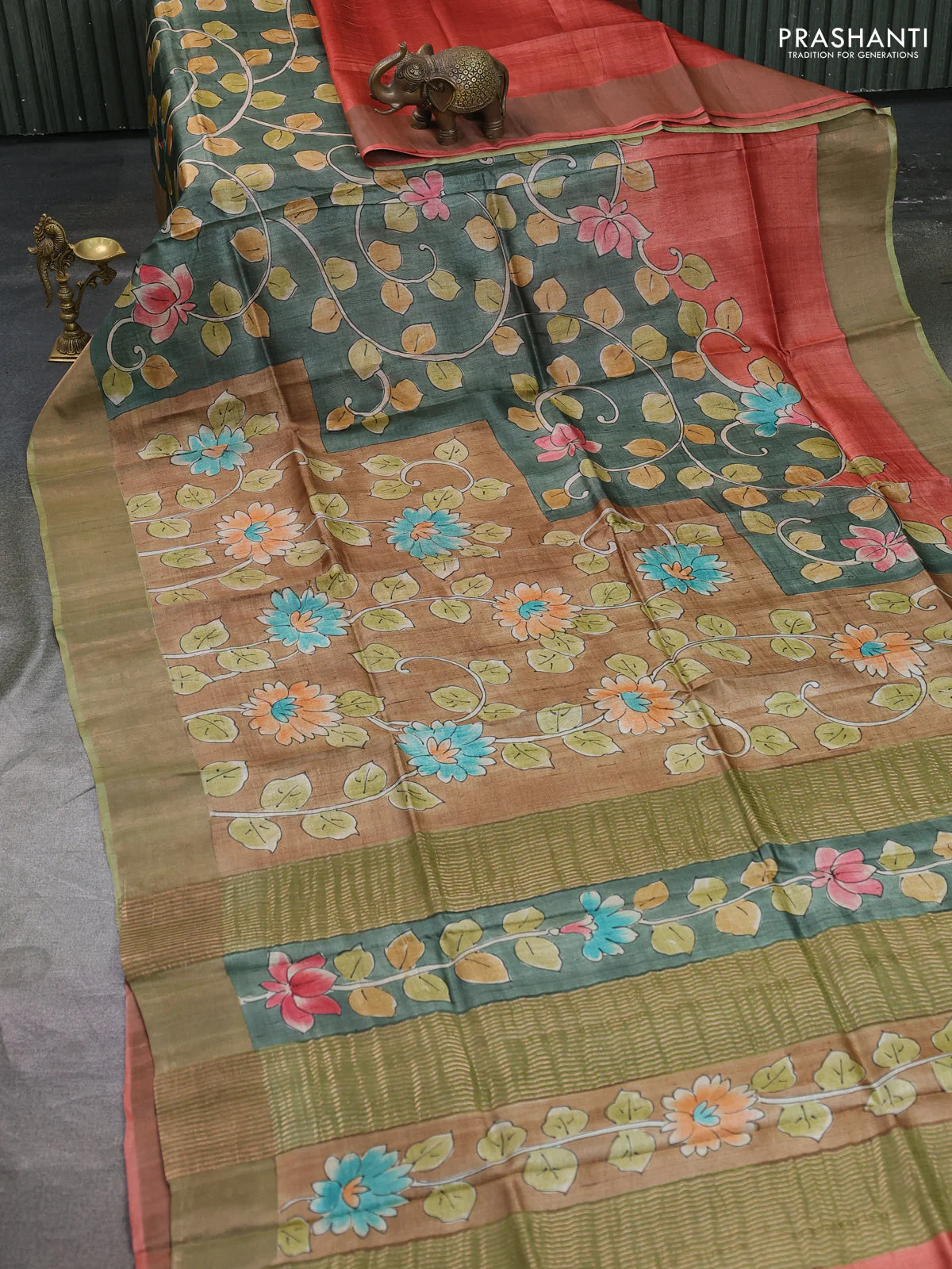 Pure tussar silk saree brown and pista green with allover kalamkari hand painted prints and zari woven border - Image 2