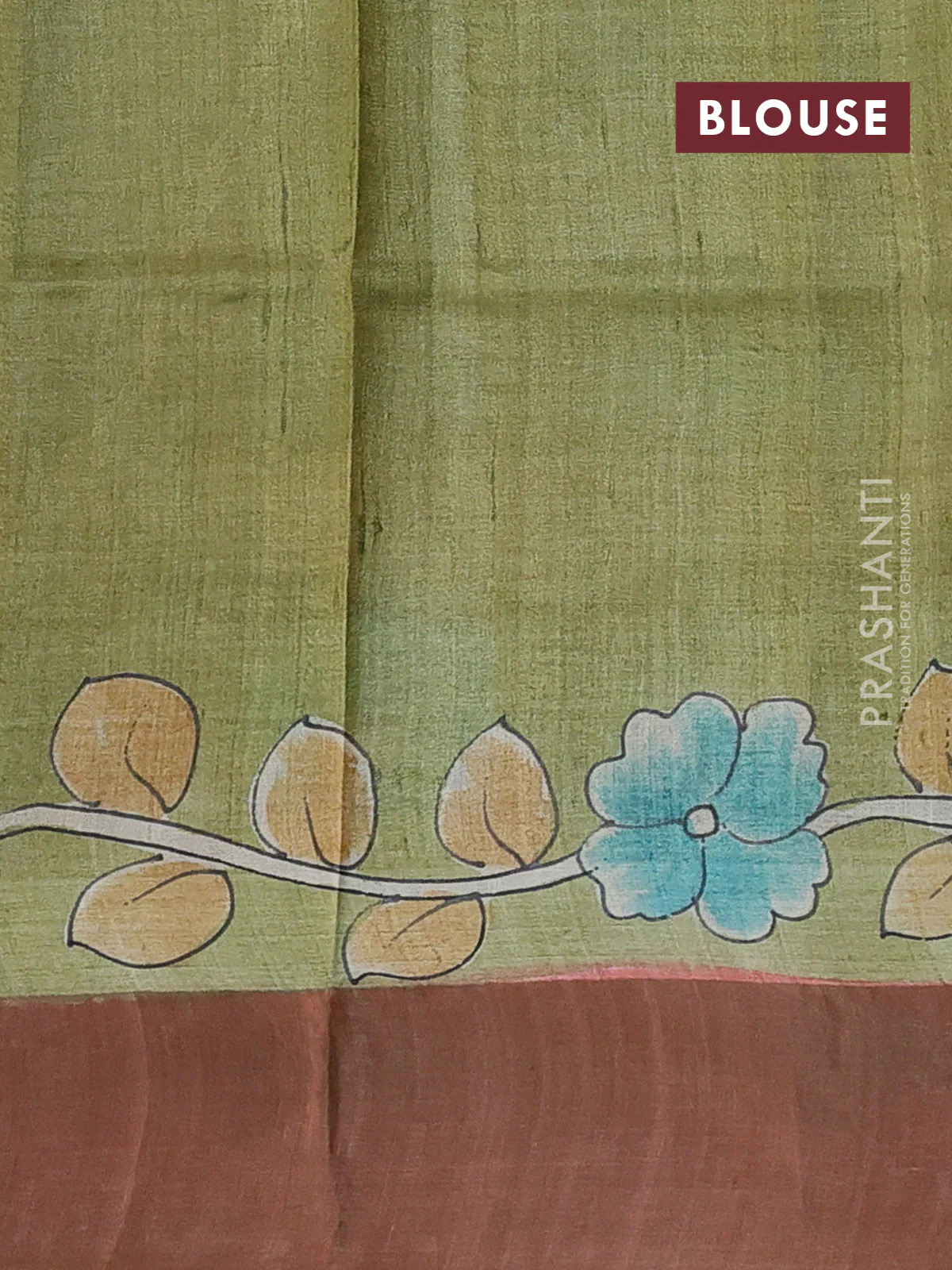 Pure tussar silk saree brown and pista green with allover kalamkari hand painted prints and zari woven border - Image 3