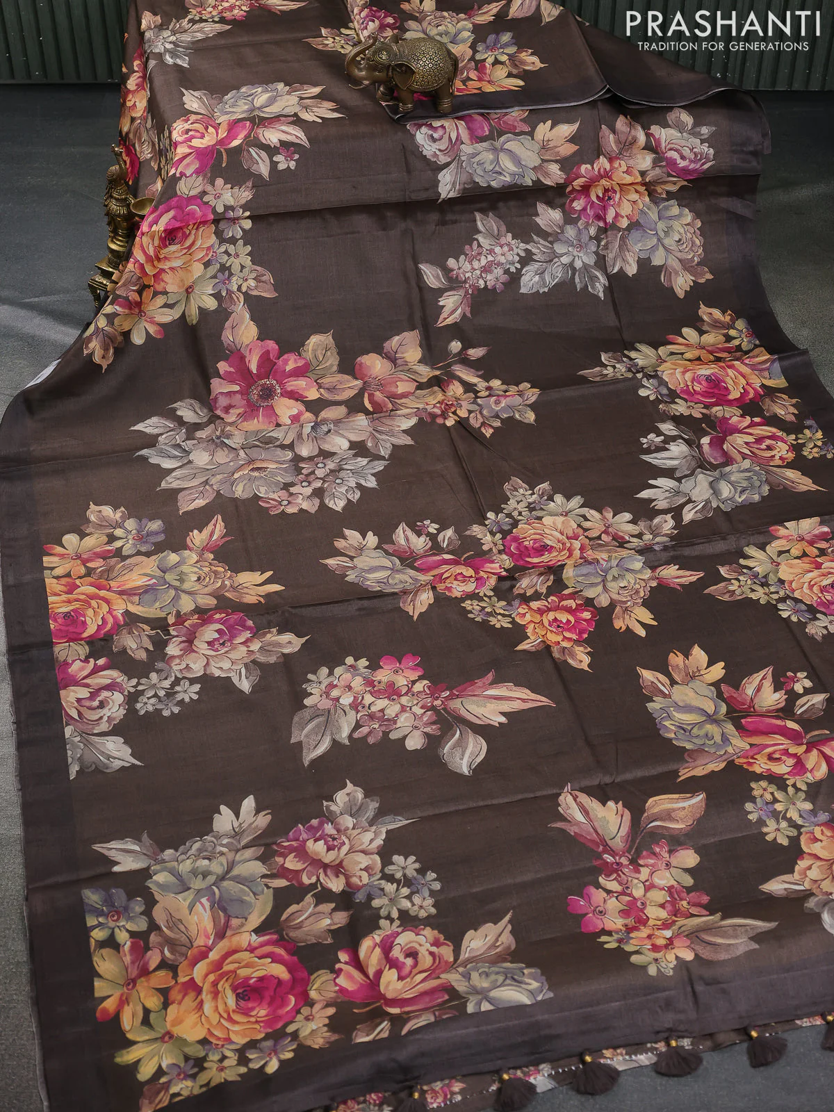 Pure tussar silk saree brown with allover floral digital prints in borderless style - Image 2