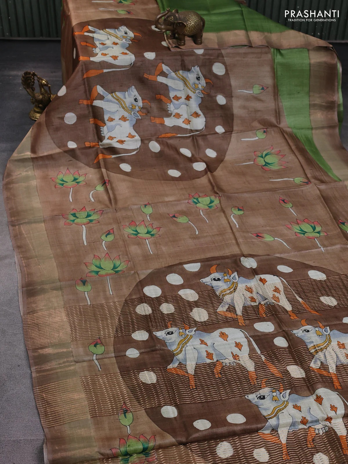 Pure tussar silk saree brown with allover pichwai hand painted prints and zari woven border - Image 2