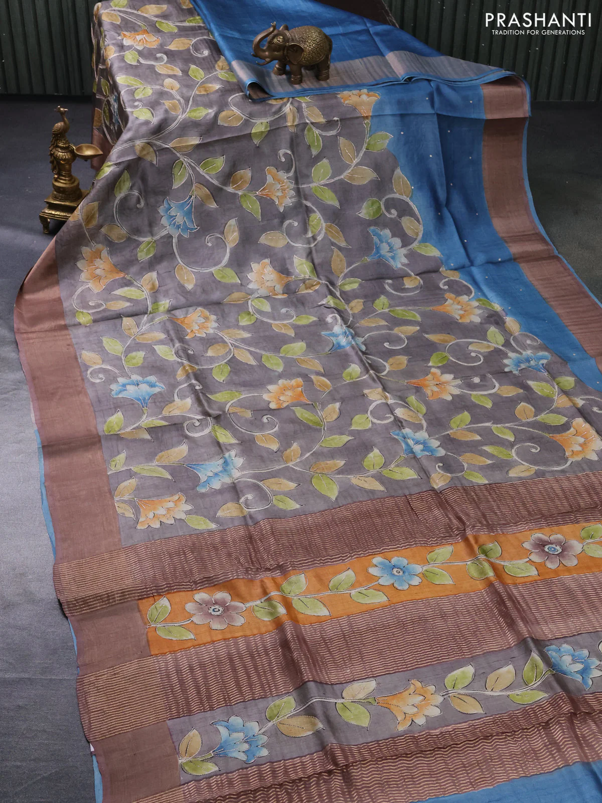 Pure tussar silk saree brown with embroidery work buttas and embroidery work border - Image 2