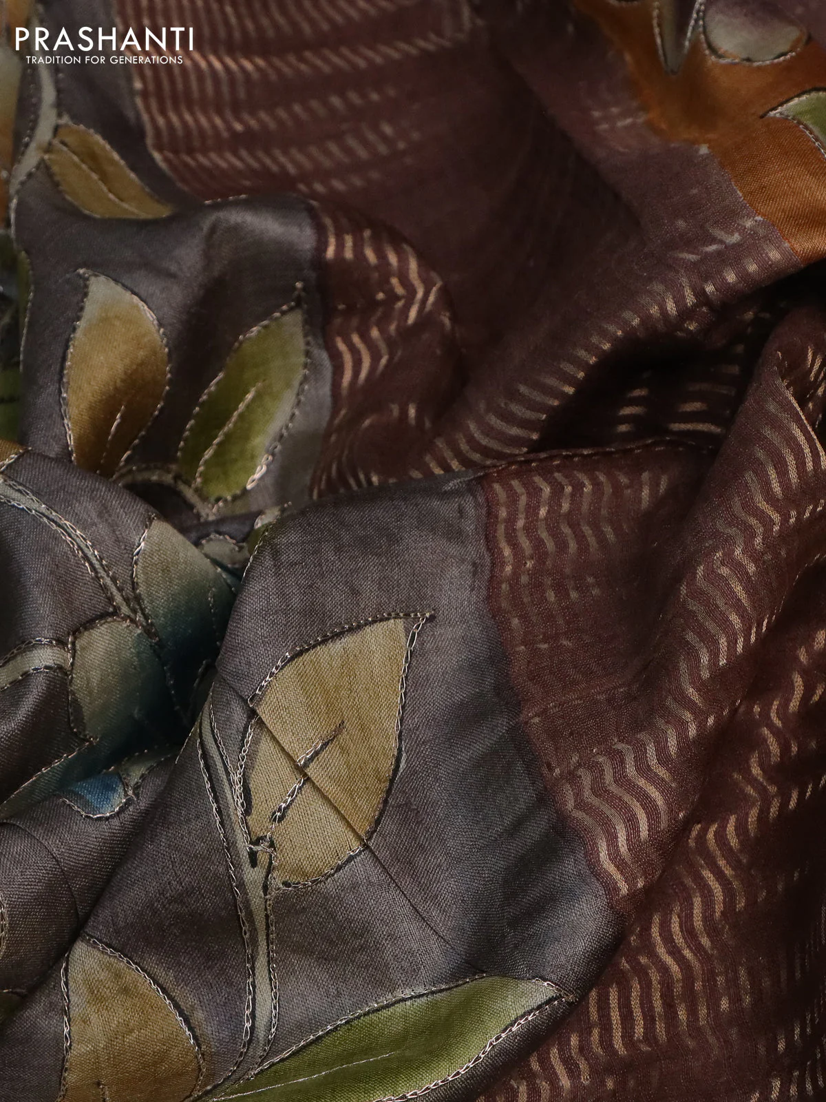 Pure tussar silk saree brown with embroidery work buttas and embroidery work border - Image 3