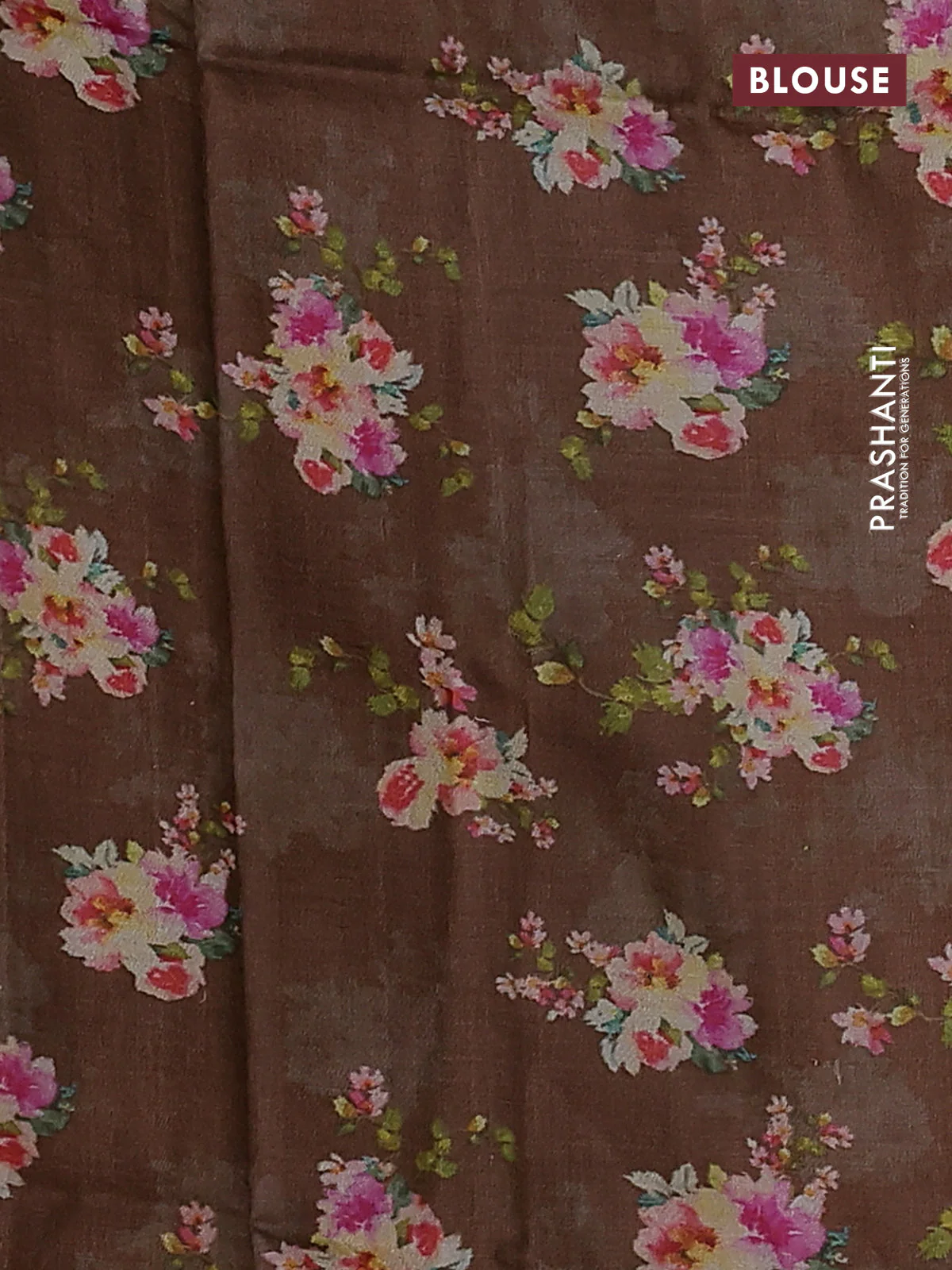 Pure tussar silk saree brown with floral prints in borderless style - Image 3