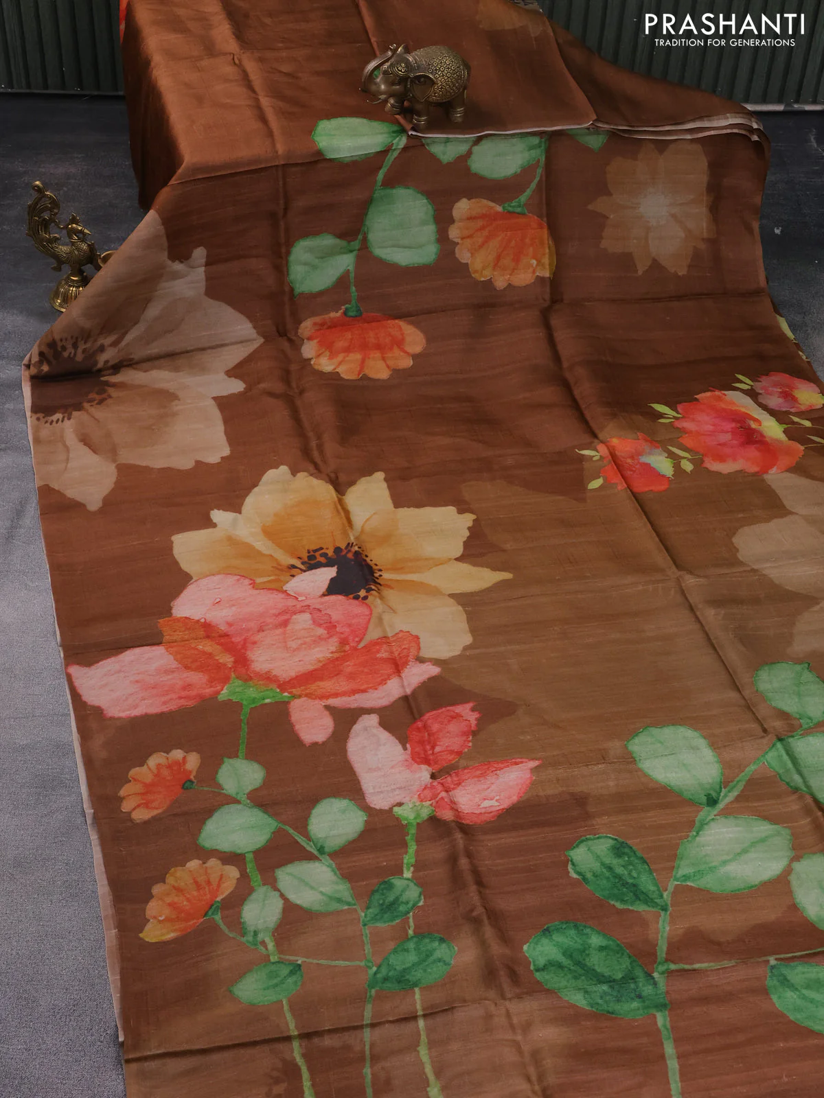 Pure tussar silk saree brown with floral prints in borderless style - Image 2