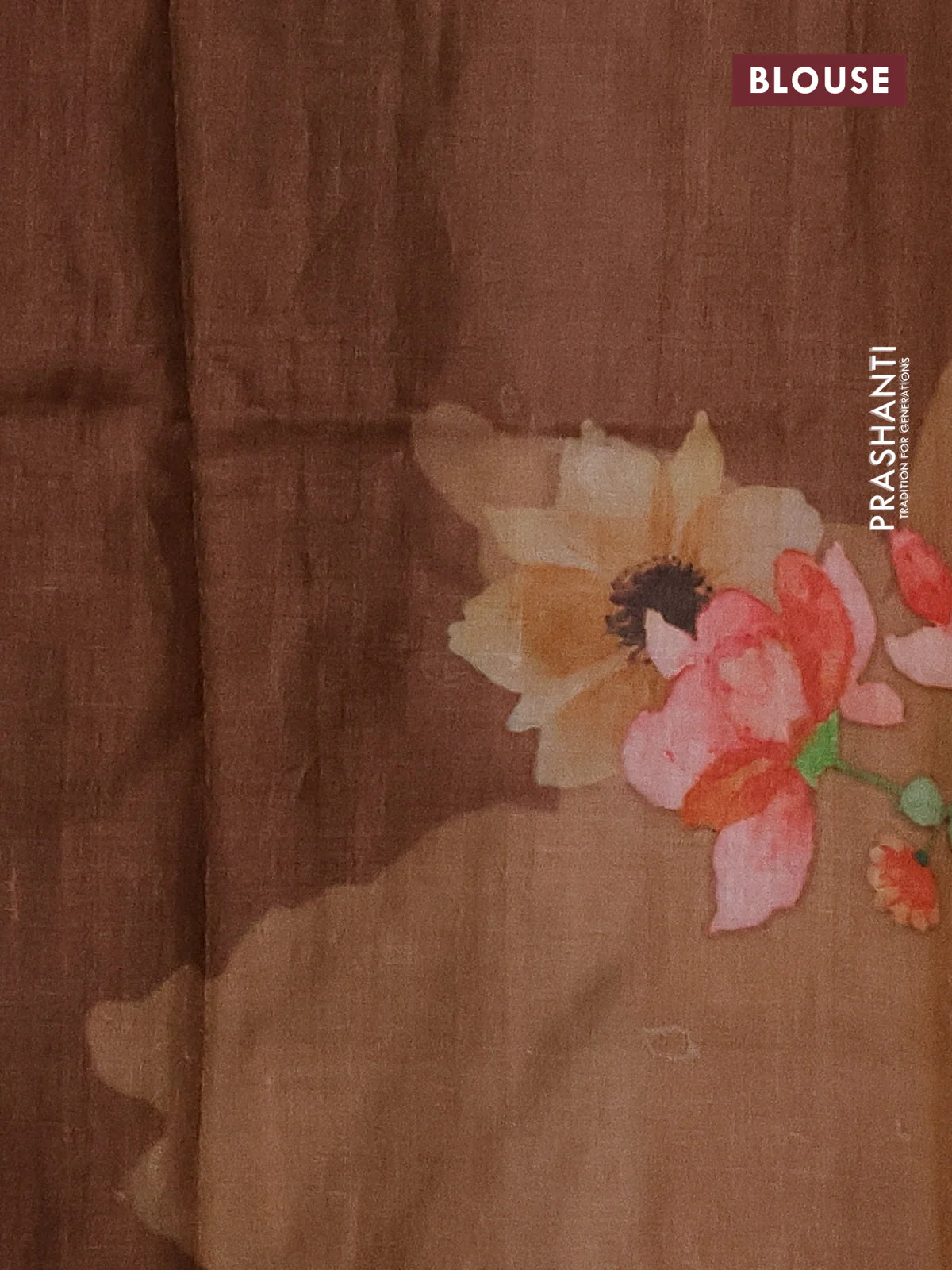 Pure tussar silk saree brown with floral prints in borderless style - Image 3