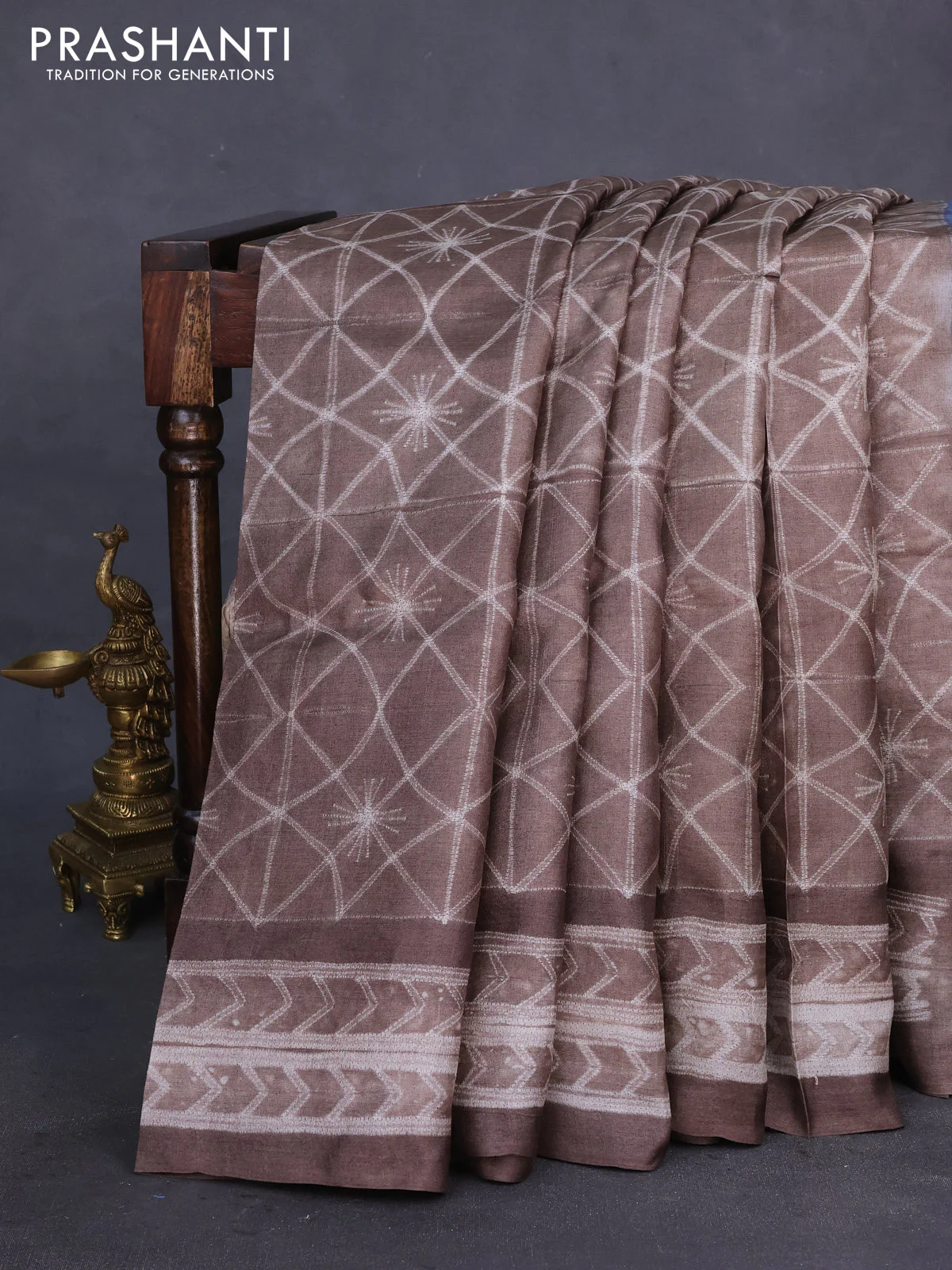 Pure tussar silk saree coffee brown and pink with allover shibori prints and penkalamkari hand painted prints pallu & blouse - Image 2