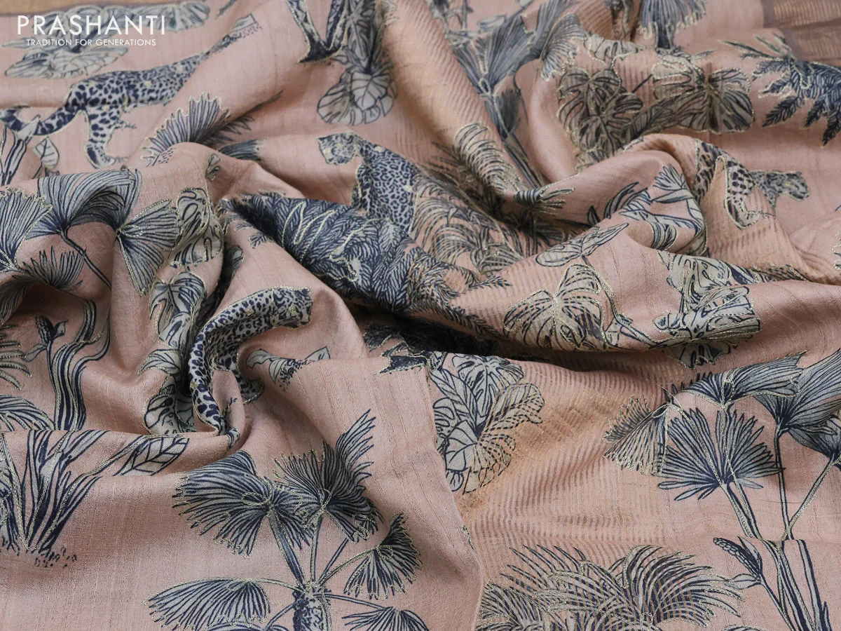 Pure tussar silk saree cream and brown shade with allover floral design pita work and zari woven border - Image 3
