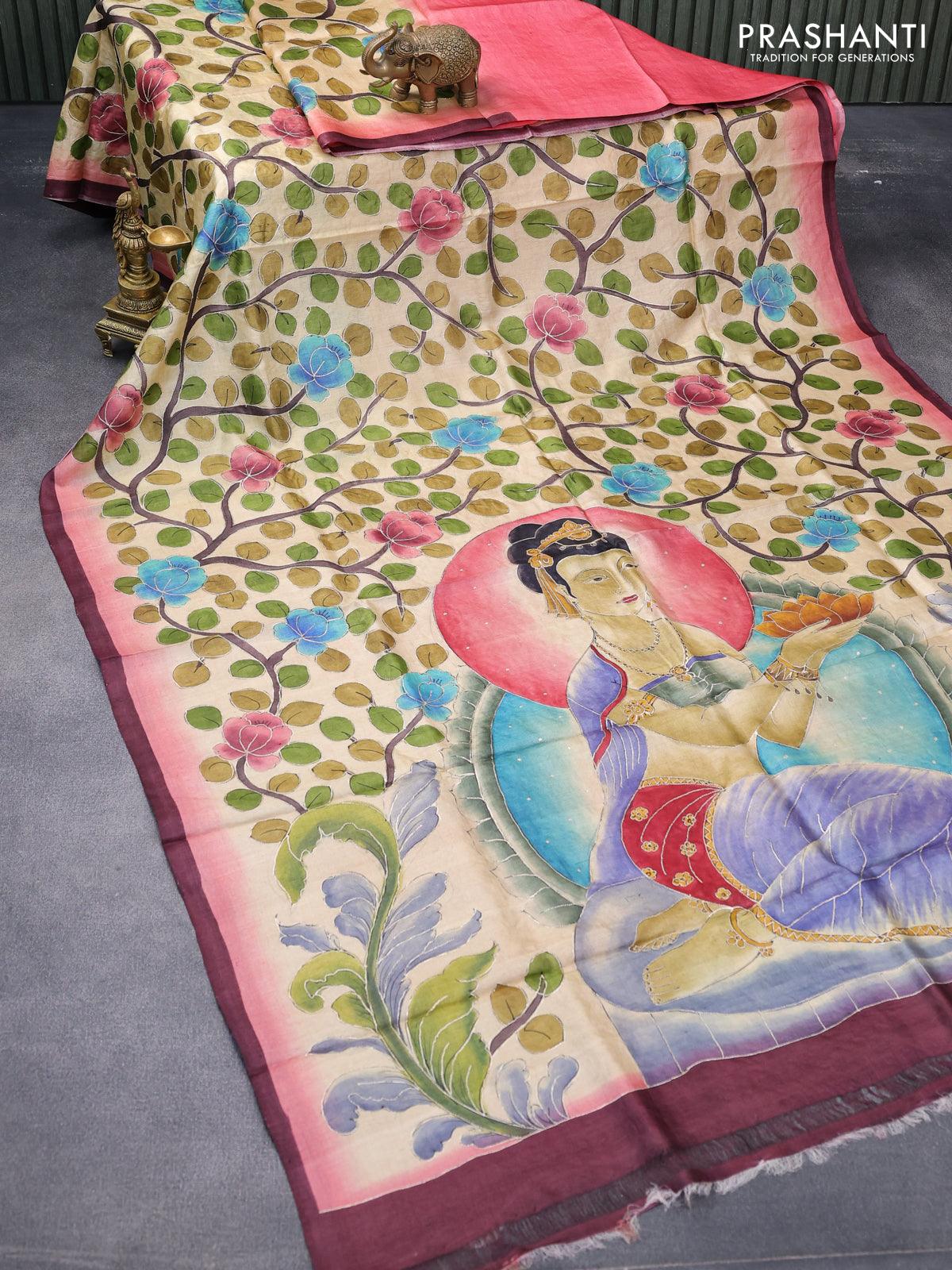 Pure tussar silk saree cream and brown with allover kalamkari prints & embroidery work and simple border - Image 2