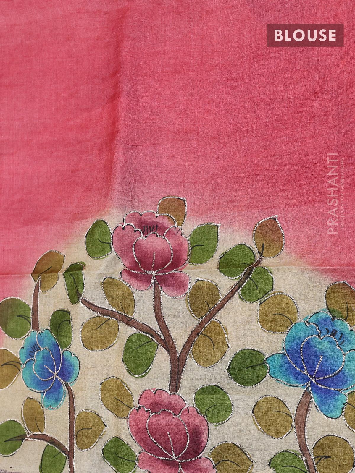 Pure tussar silk saree cream and brown with allover kalamkari prints & embroidery work and simple border - Image 3