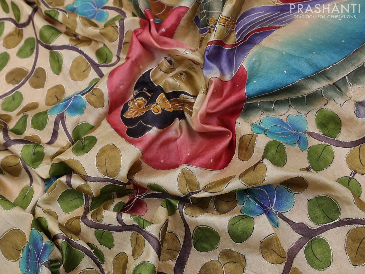 Pure tussar silk saree cream and brown with allover kalamkari prints & embroidery work and simple border - Image 4