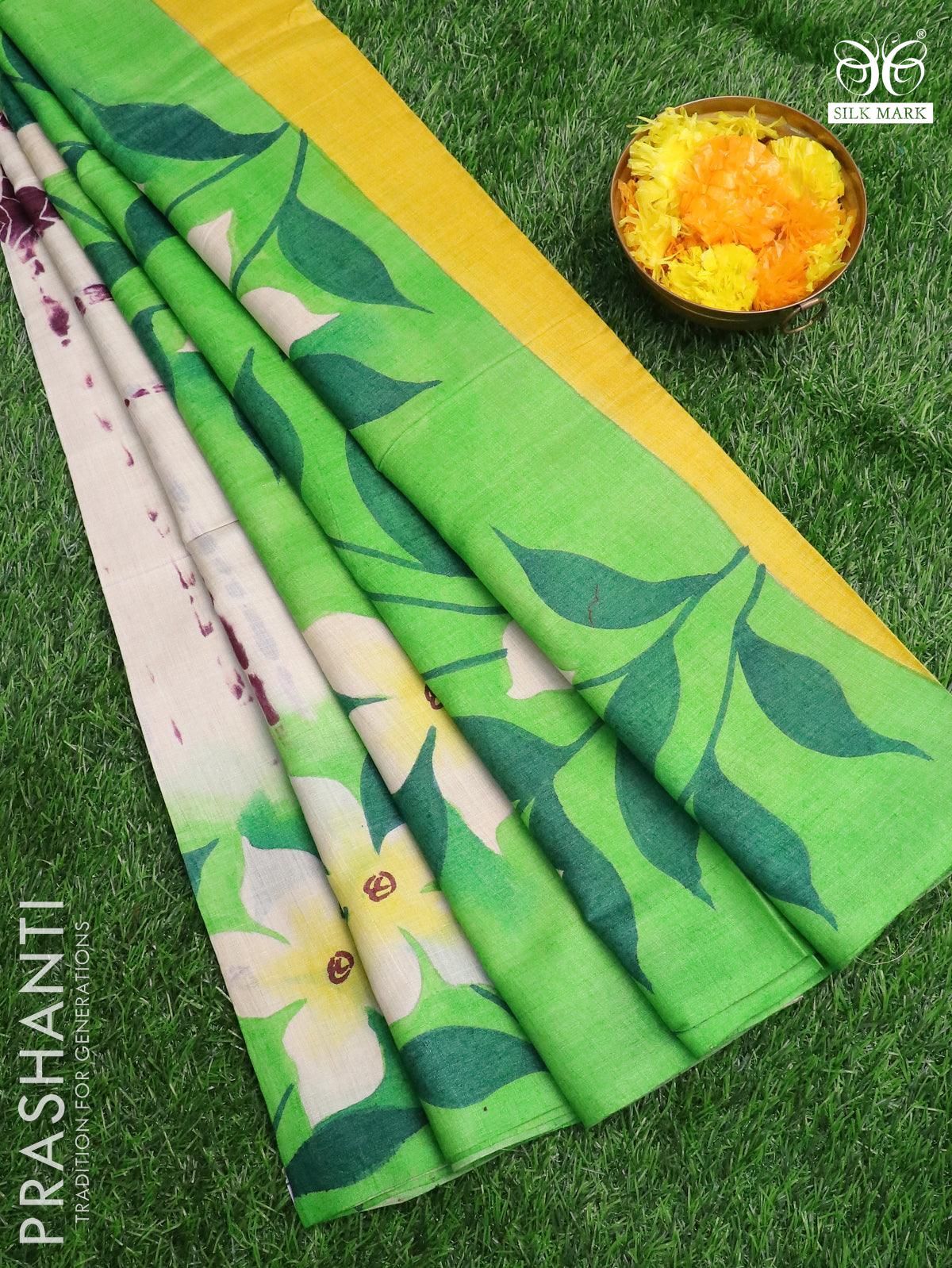 Pure tussar silk saree cream and green with allover tie & dye prints and printed border