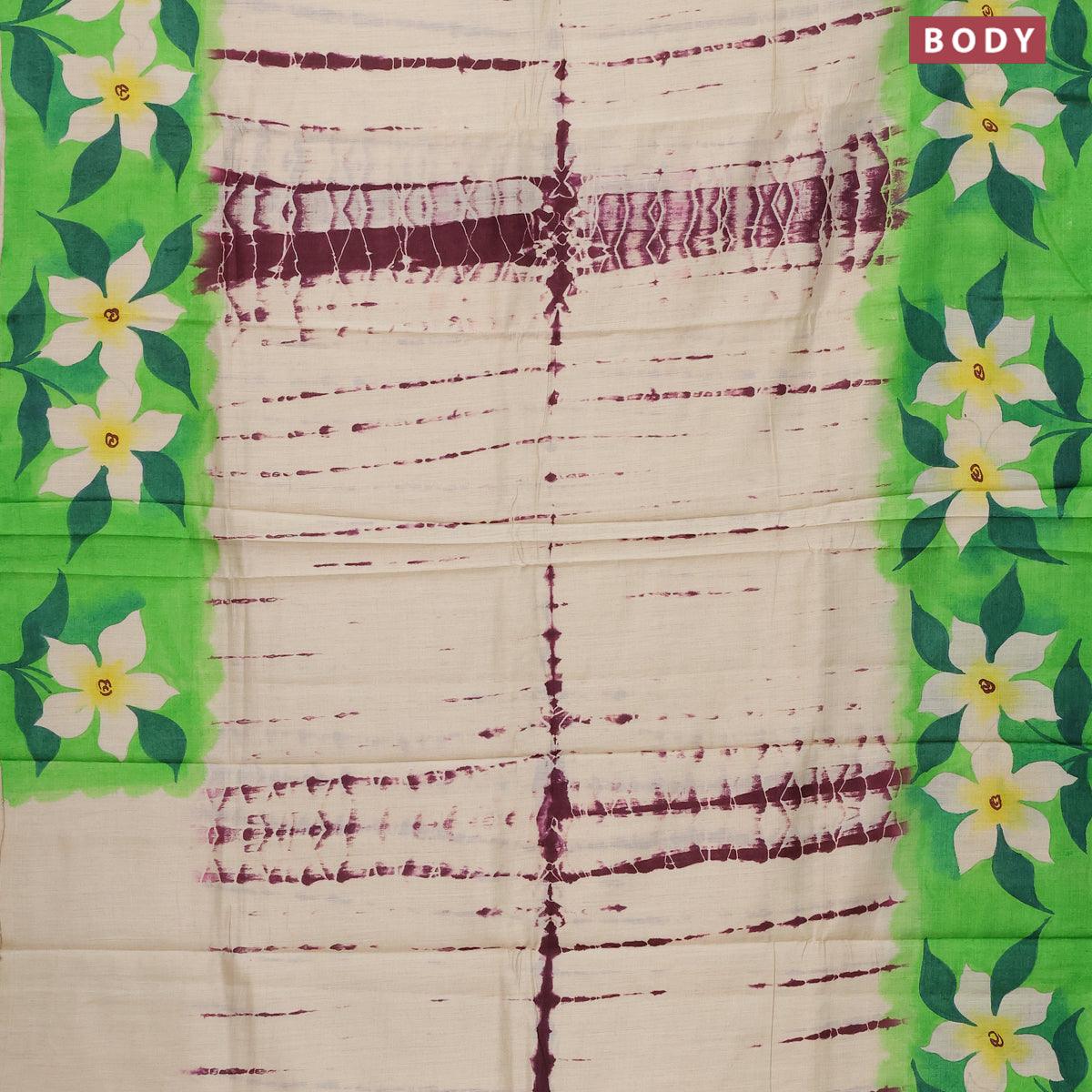 Pure tussar silk saree cream and green with allover tie & dye prints and printed border - Image 2