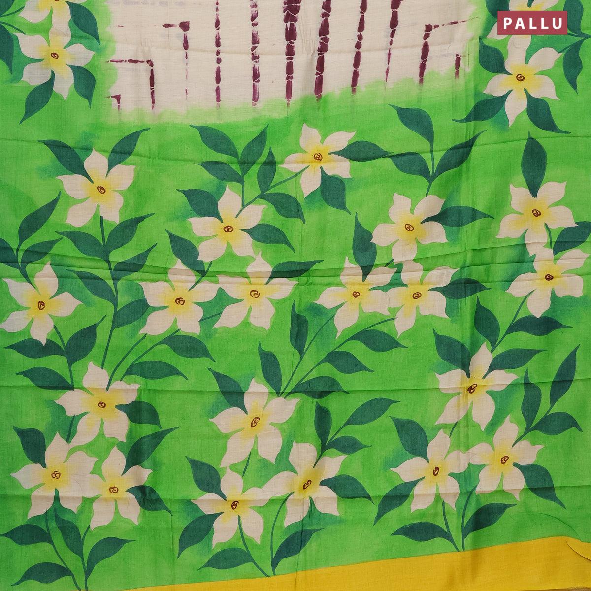 Pure tussar silk saree cream and green with allover tie & dye prints and printed border - Image 3